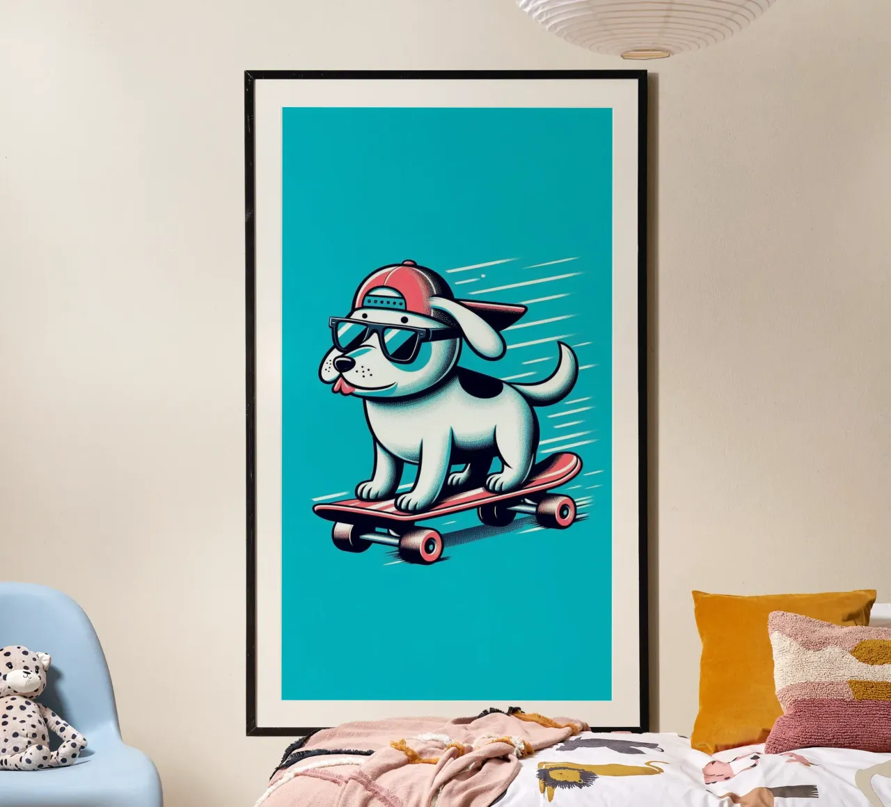 Il cane cavalca lo skateboard poster con telaio in plastica da BenCoStyle