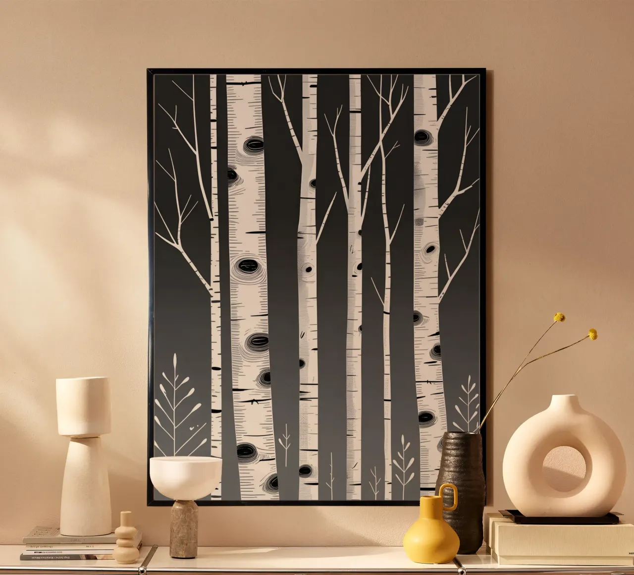 Birch Tree Trunks poster with wooden frame by botanical