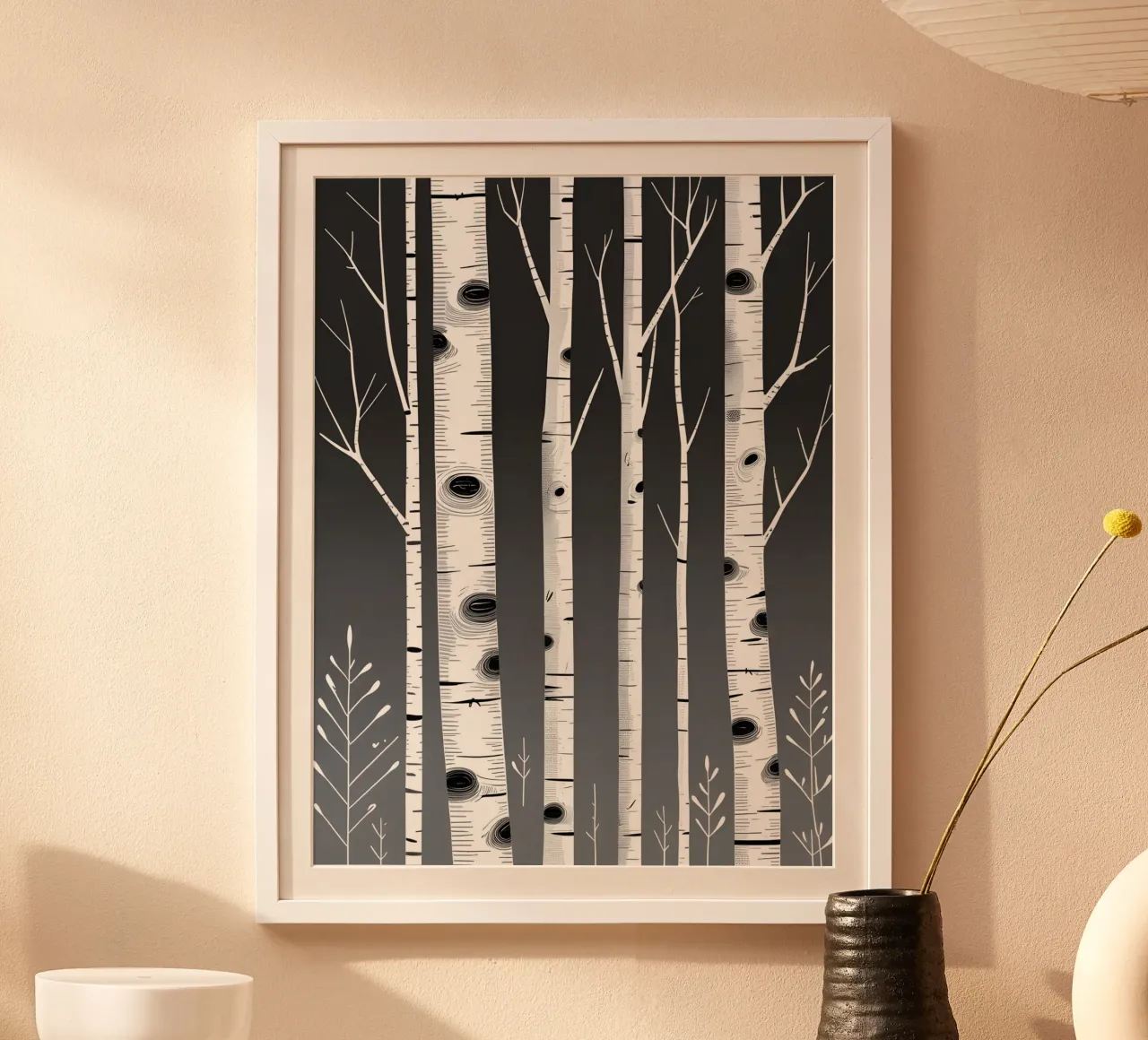 Birch Tree Trunks poster with wooden frame by botanical