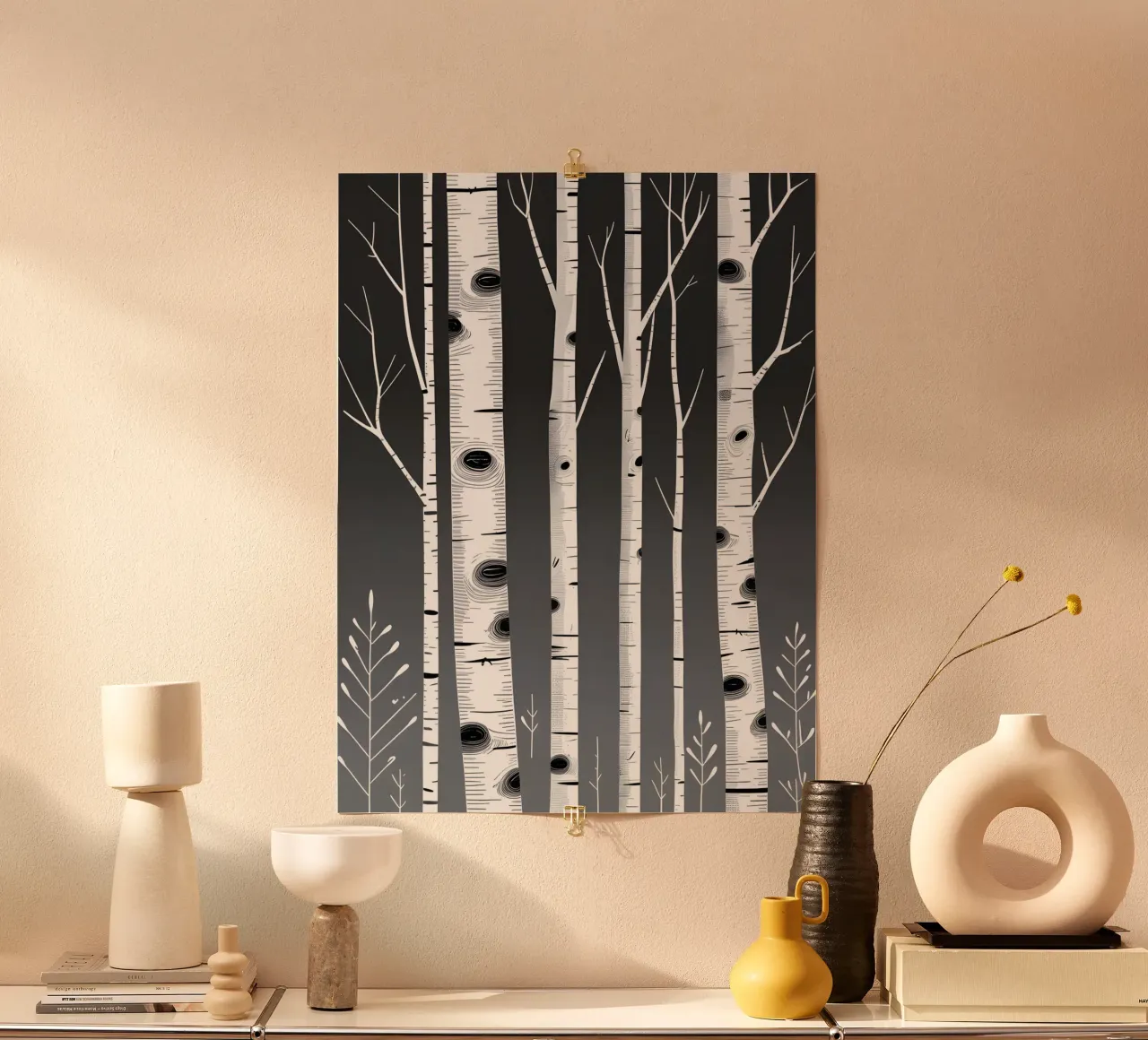 Birch Tree Trunks poster with wooden frame by botanical