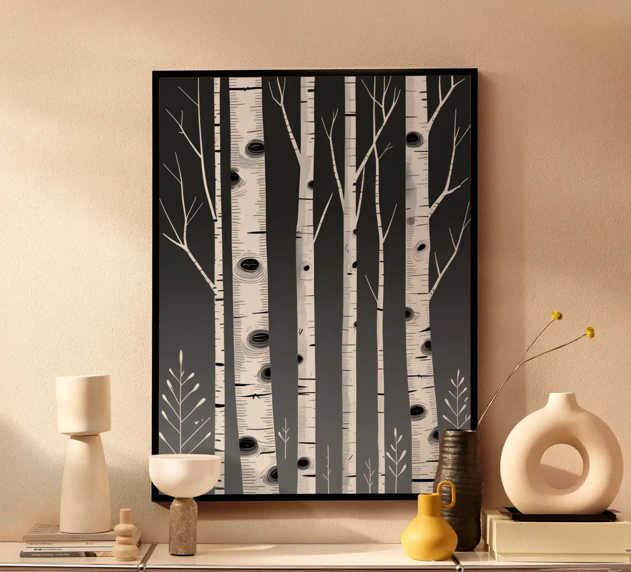Birch Tree Trunks poster with wooden frame by botanical