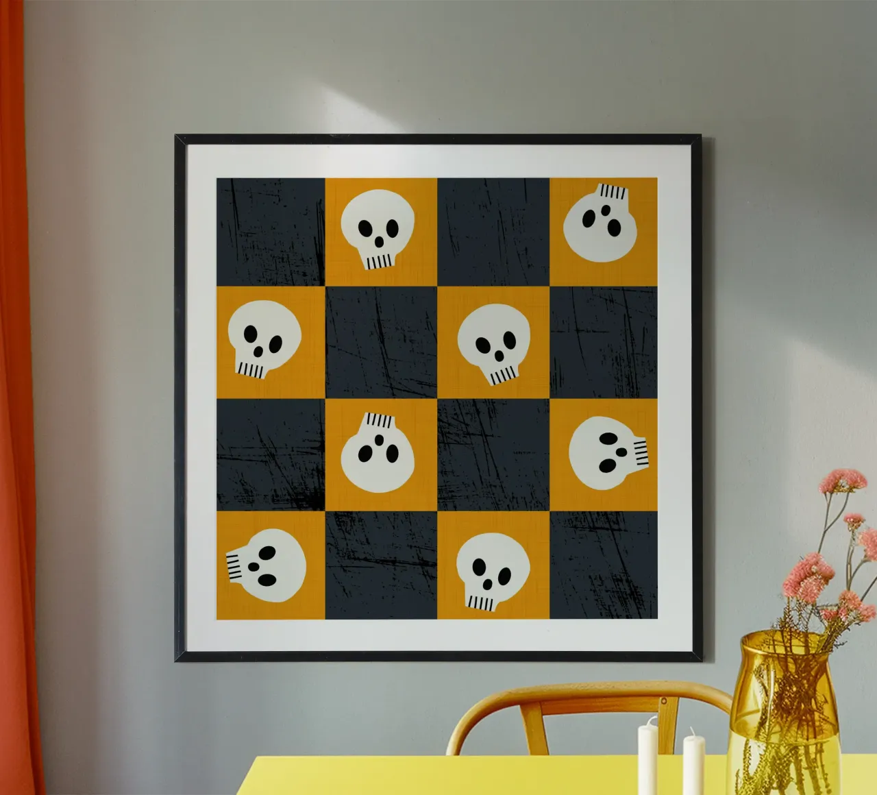 Teschio arancione a scacchiera - Modello gotico punk di Halloween poster con telaio in plastica da susanacosta