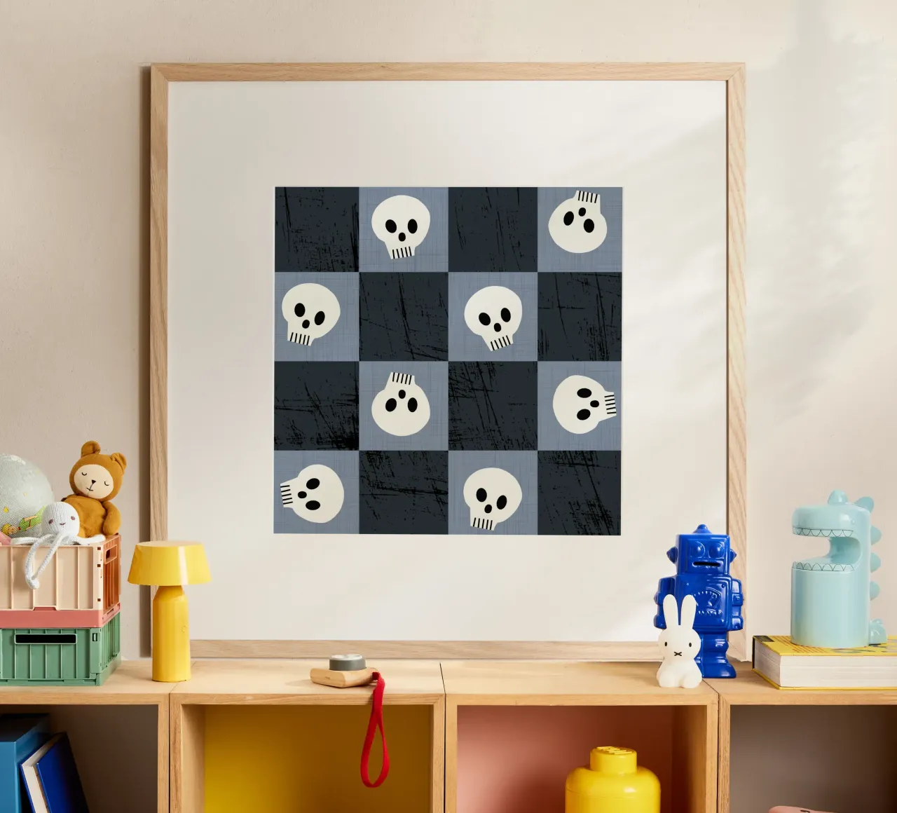 Teschio a scacchiera blu scuro - Modello gotico punk di Halloween poster con telaio in plastica da susanacosta