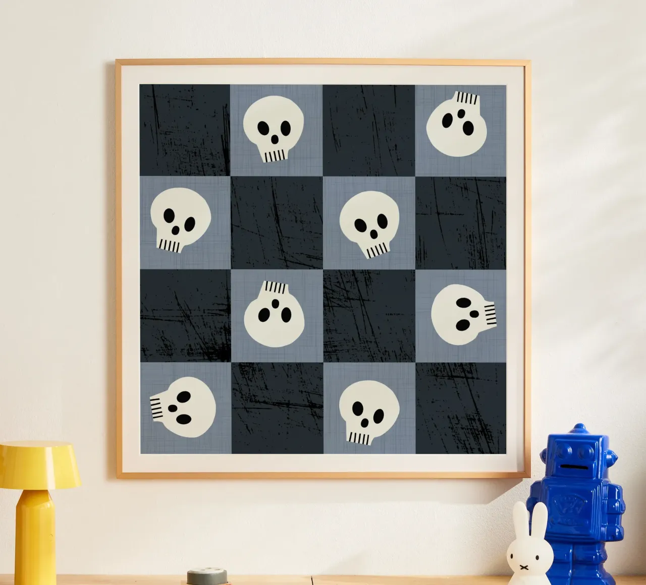 Teschio a scacchiera blu scuro - Modello gotico punk di Halloween poster con telaio in plastica da susanacosta