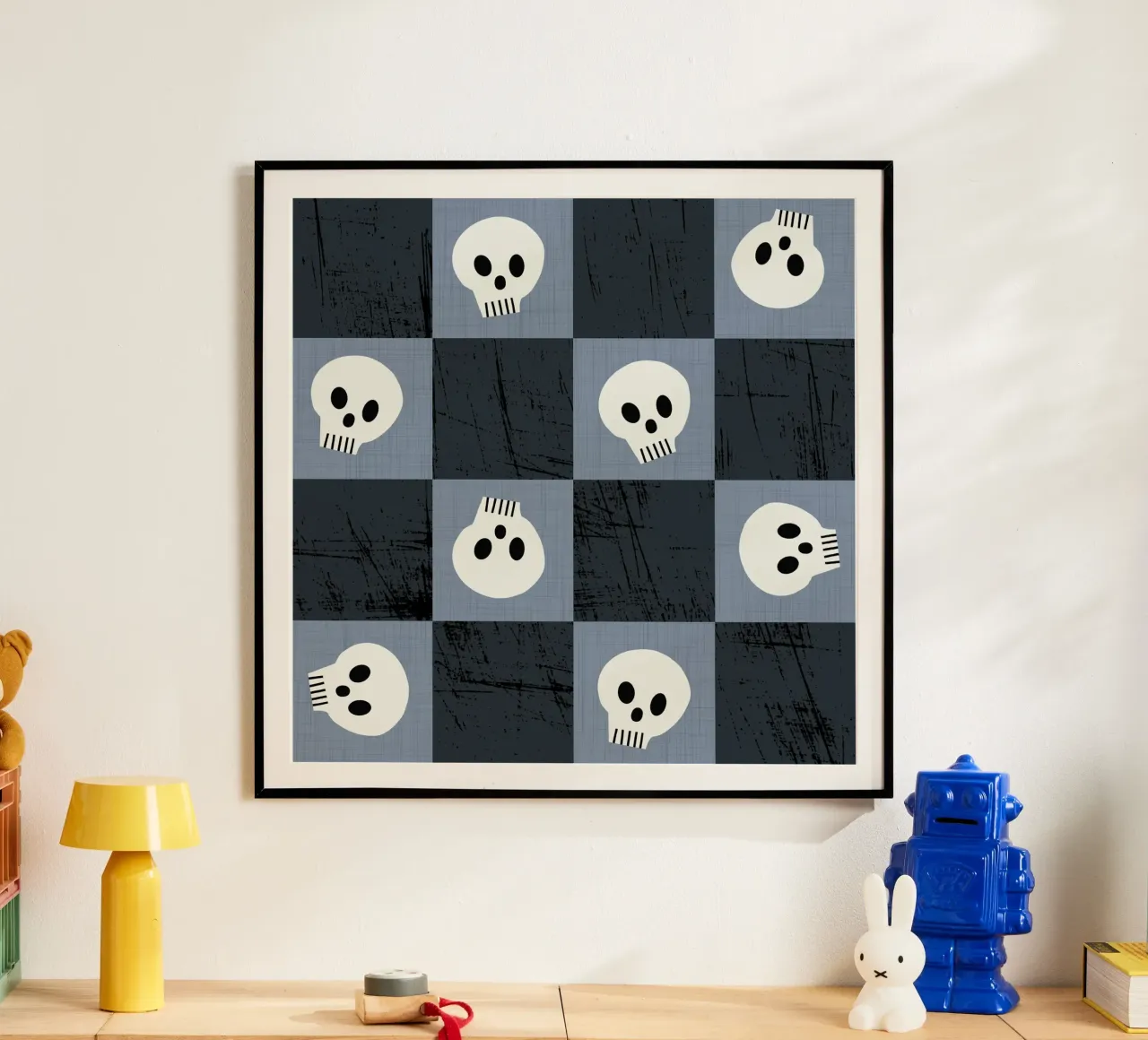 Teschio a scacchiera blu scuro - Modello gotico punk di Halloween poster con telaio in plastica da susanacosta
