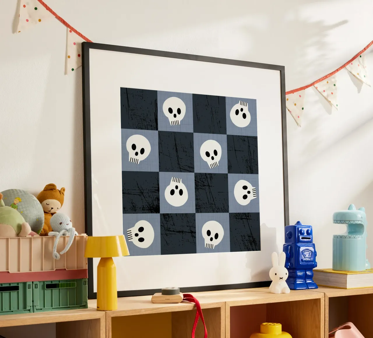 Teschio a scacchiera blu scuro - Modello gotico punk di Halloween poster con telaio in plastica da susanacosta