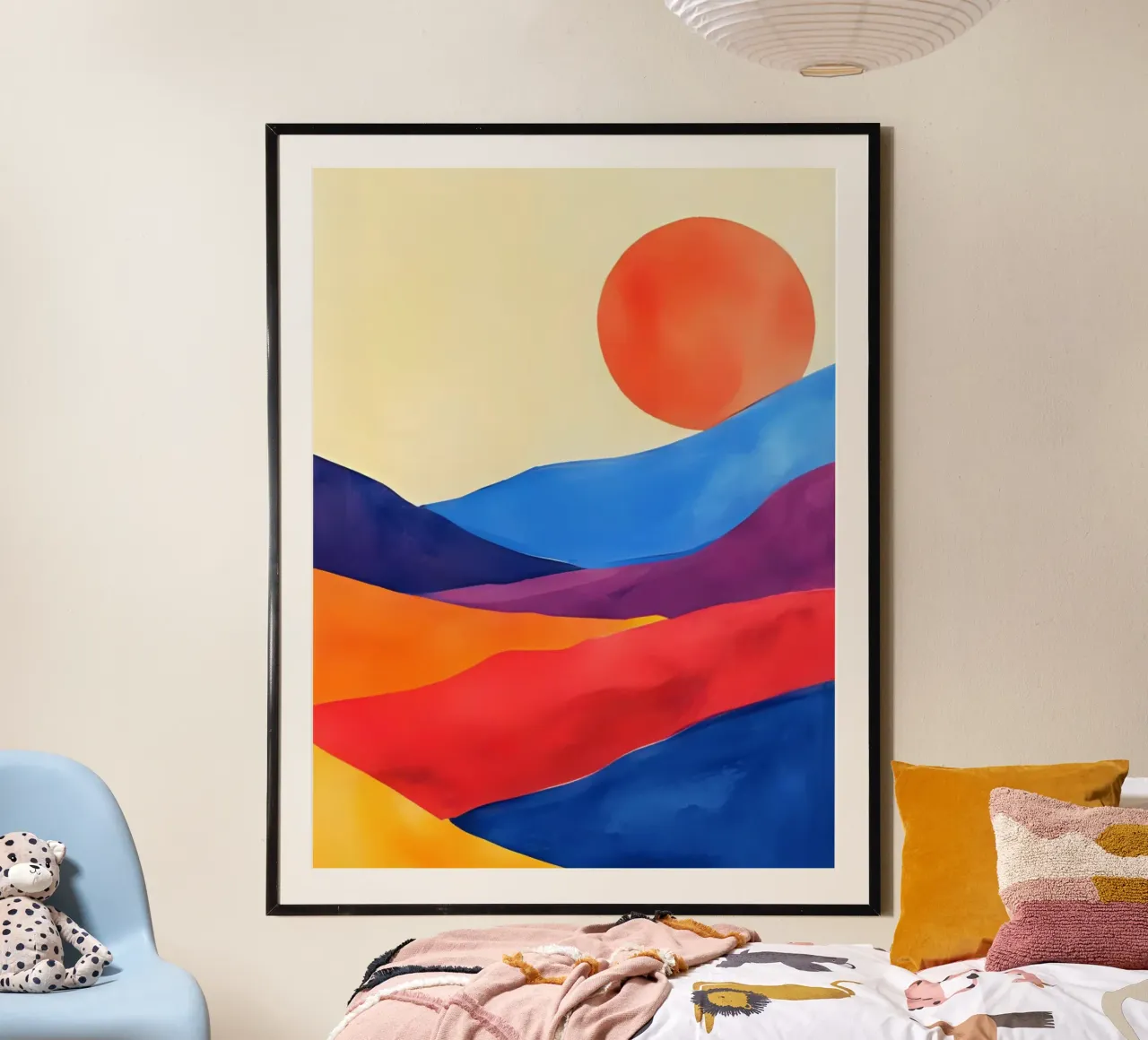Rote Sonne über bunten Hügeln poster da Ohkimiko
