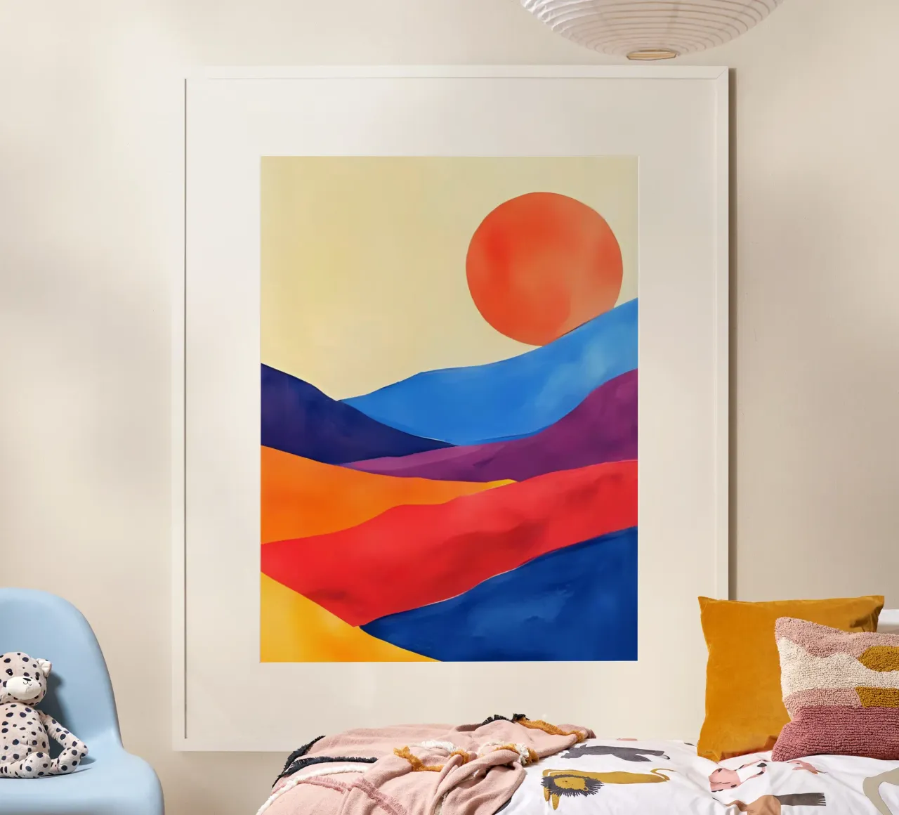 Rote Sonne über bunten Hügeln poster da Ohkimiko