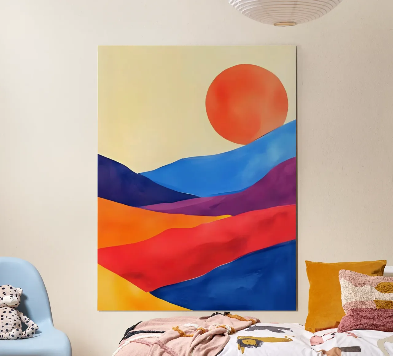 Rote Sonne über bunten Hügeln poster da Ohkimiko