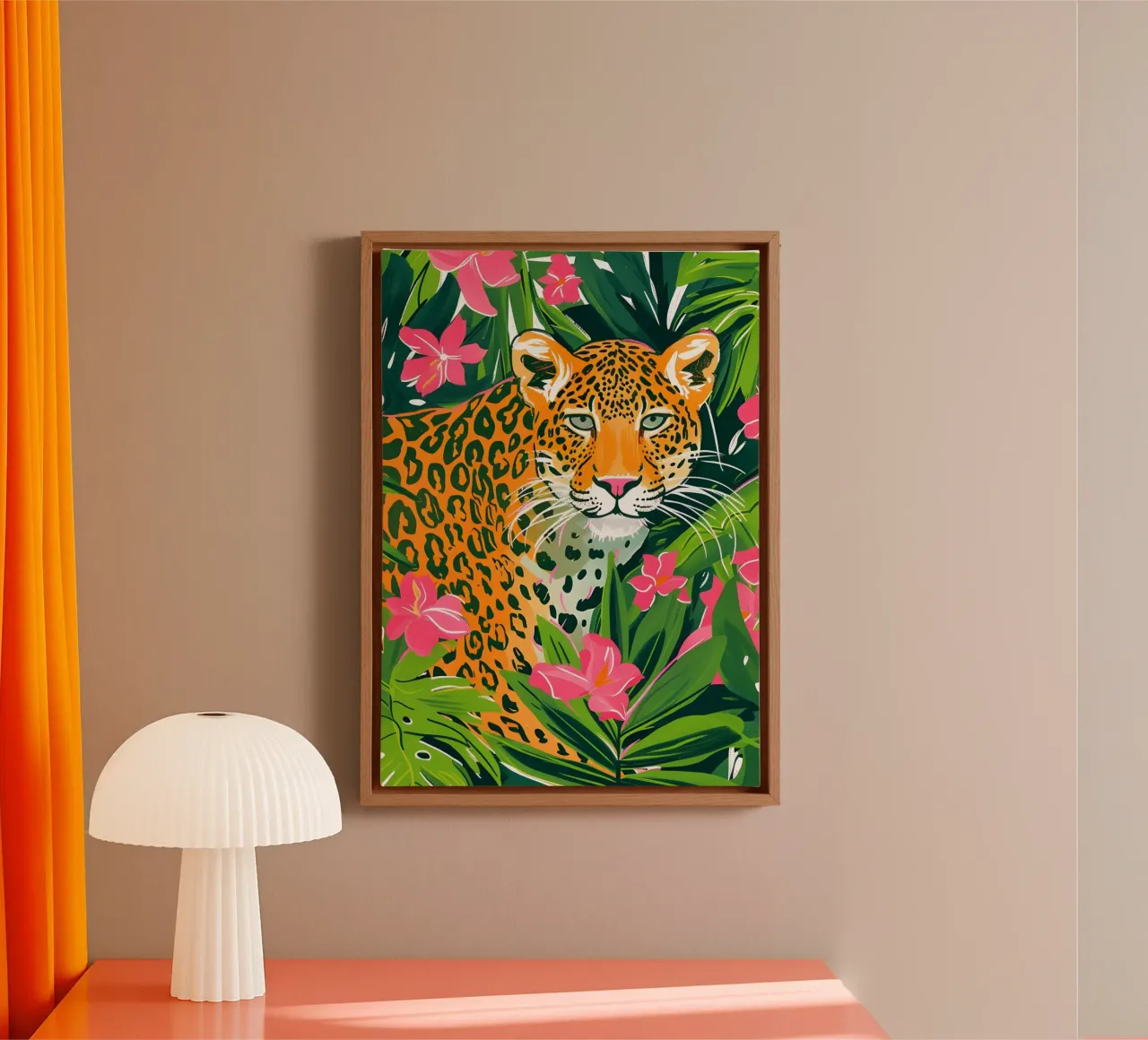 Leopard im Dschungel - Lebendiger Pop-Art-Botanikdruck Leinwand mit Schattenfugenrahmen von dawnthesea