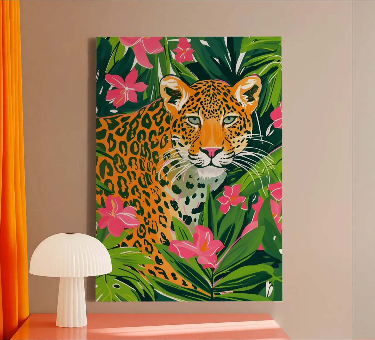 Leopard im Dschungel - Lebendiger Pop-Art-Botanikdruck Leinwand mit Schattenfugenrahmen von dawnthesea