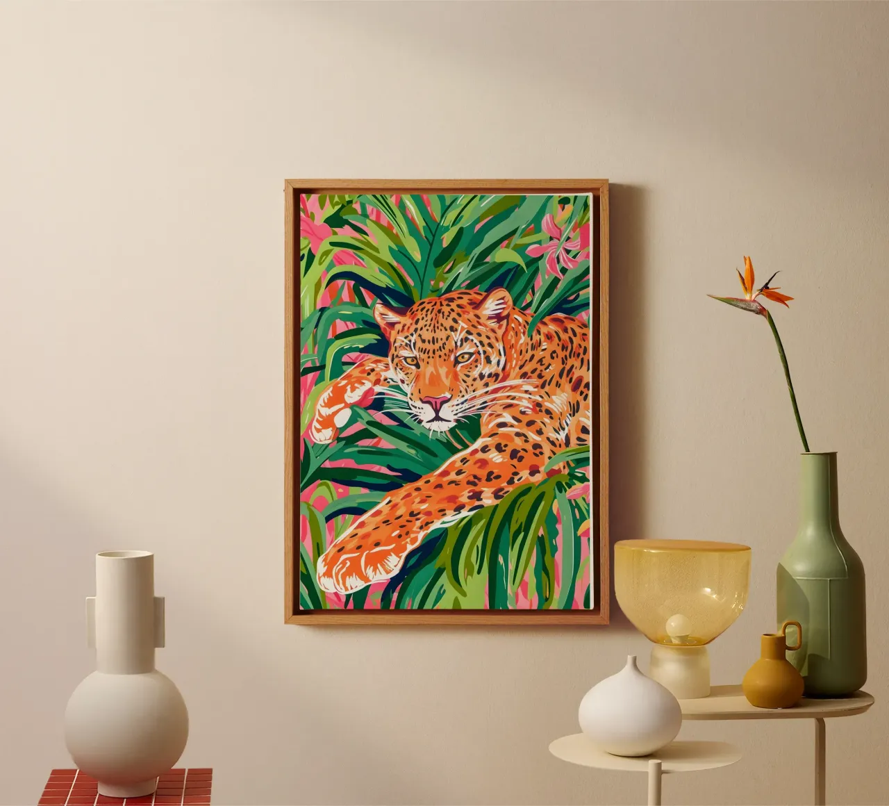 Dschungel-Leopard - Lebendiger tropischer Pop-Art-Druck Leinwand mit Schattenfugenrahmen von dawnthesea