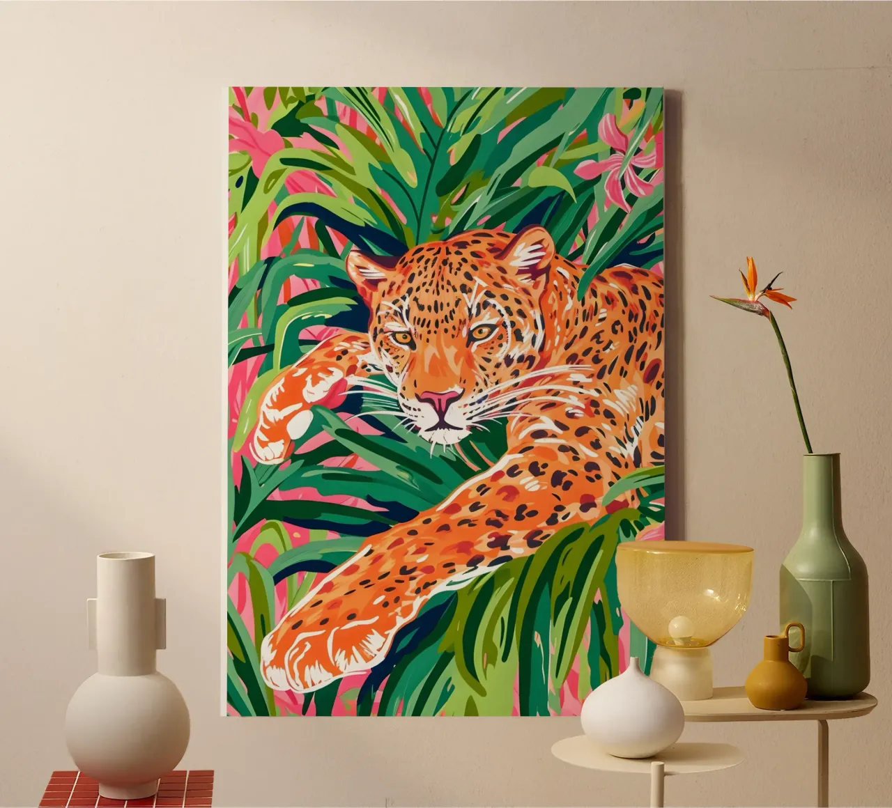 Dschungel-Leopard - Lebendiger tropischer Pop-Art-Druck Leinwand mit Schattenfugenrahmen von dawnthesea