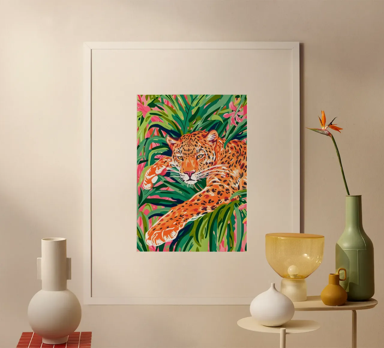 Leopardo della giungla - Stampa pop art tropicale vibrante poster con telaio in alluminio da dawnthesea