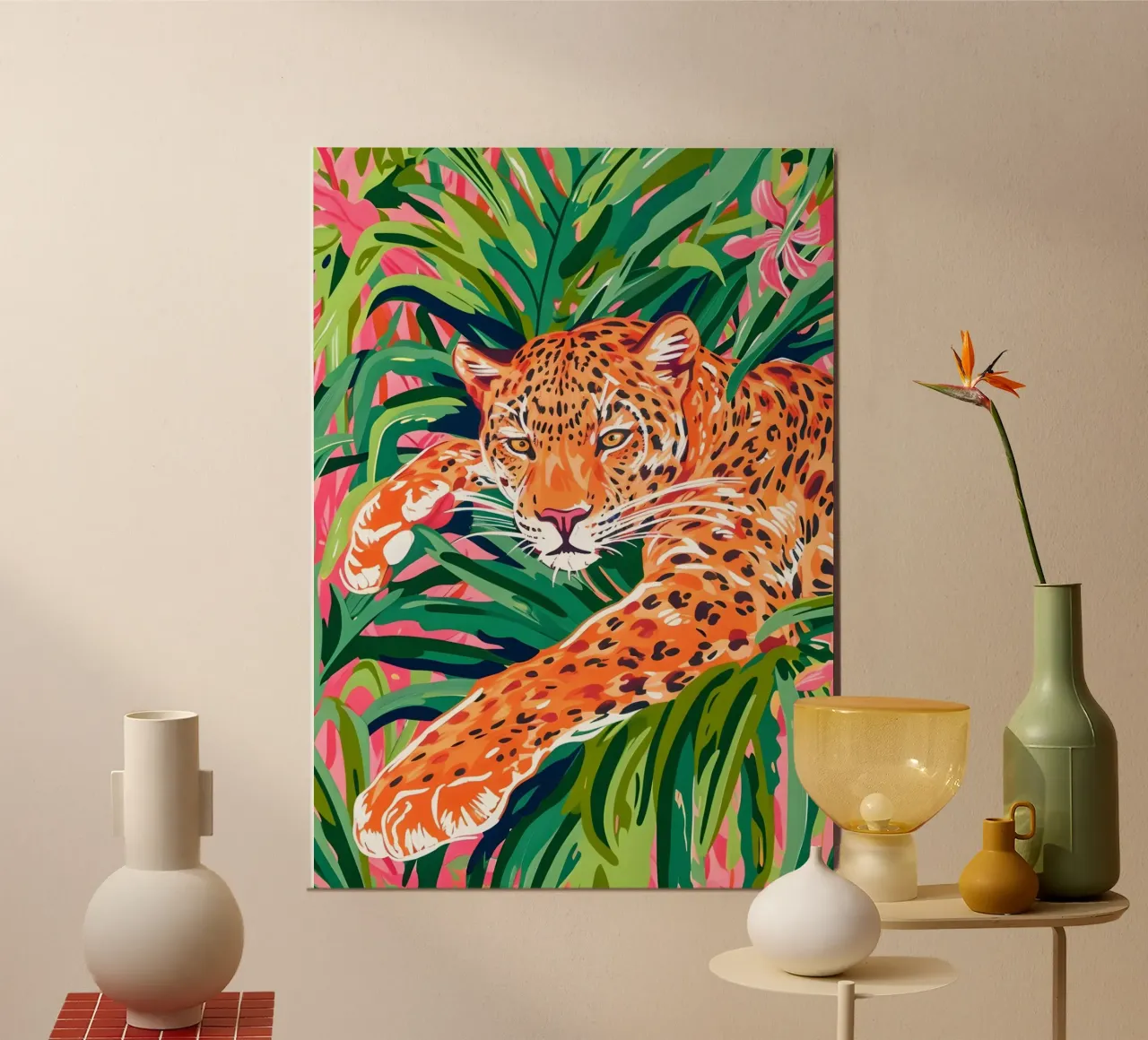 Leopardo della giungla - Stampa pop art tropicale vibrante poster con telaio in alluminio da dawnthesea