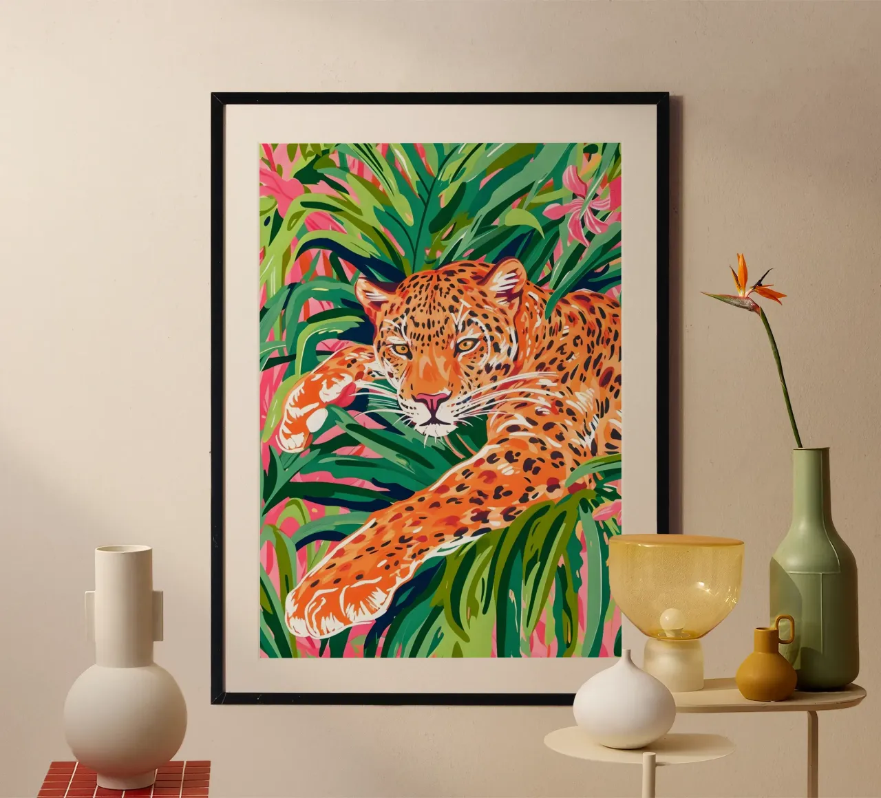 Leopardo della giungla - Stampa pop art tropicale vibrante poster con telaio in alluminio da dawnthesea