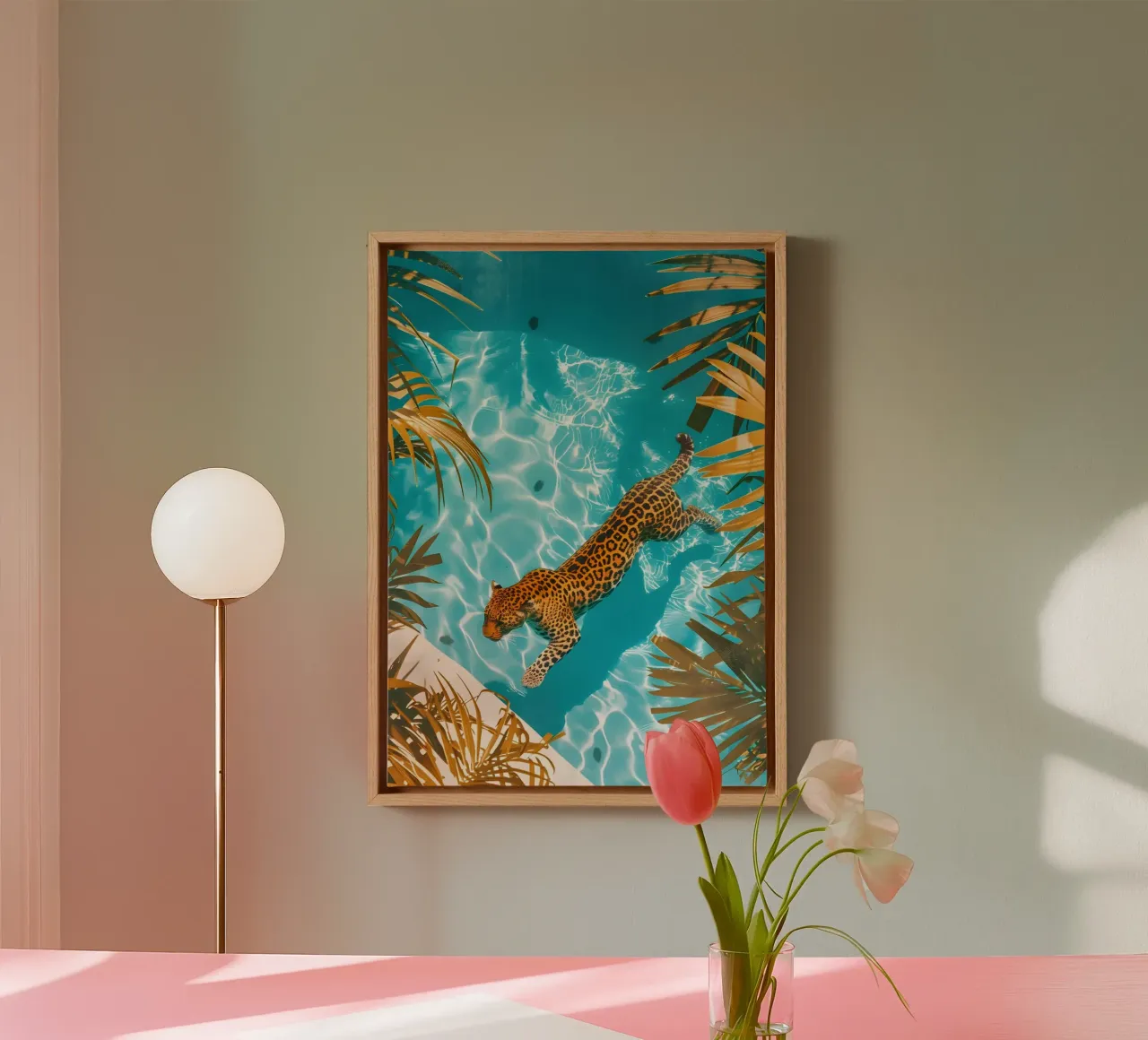 Leopardo de la selva en la piscina - Tropical Pop Art Print lienzo con Marco flotante de dawnthesea