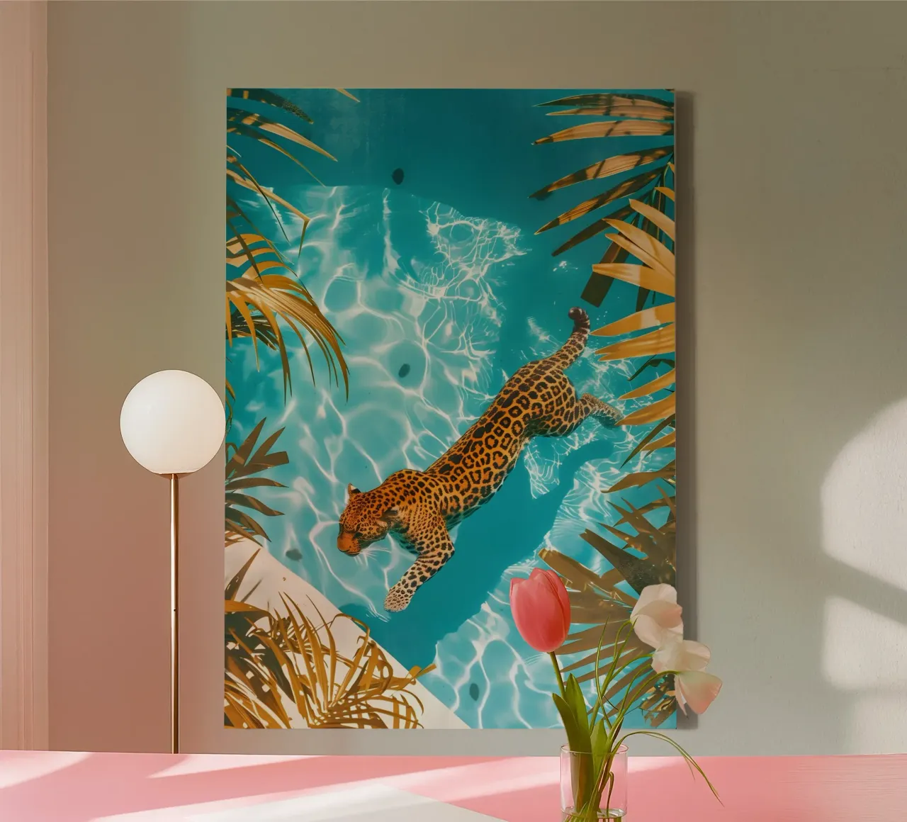 Leopardo de la selva en la piscina - Tropical Pop Art Print lienzo con Marco flotante de dawnthesea