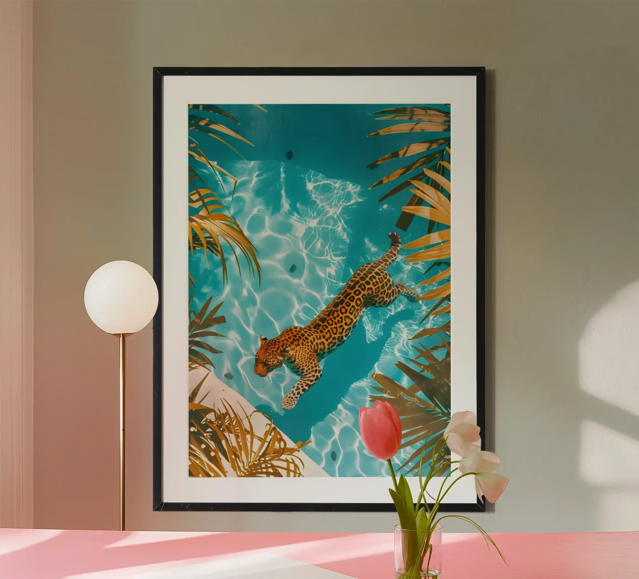 Jungle Leopard in Pool - Tropical Pop Art Print hahnemühle by dawnthesea