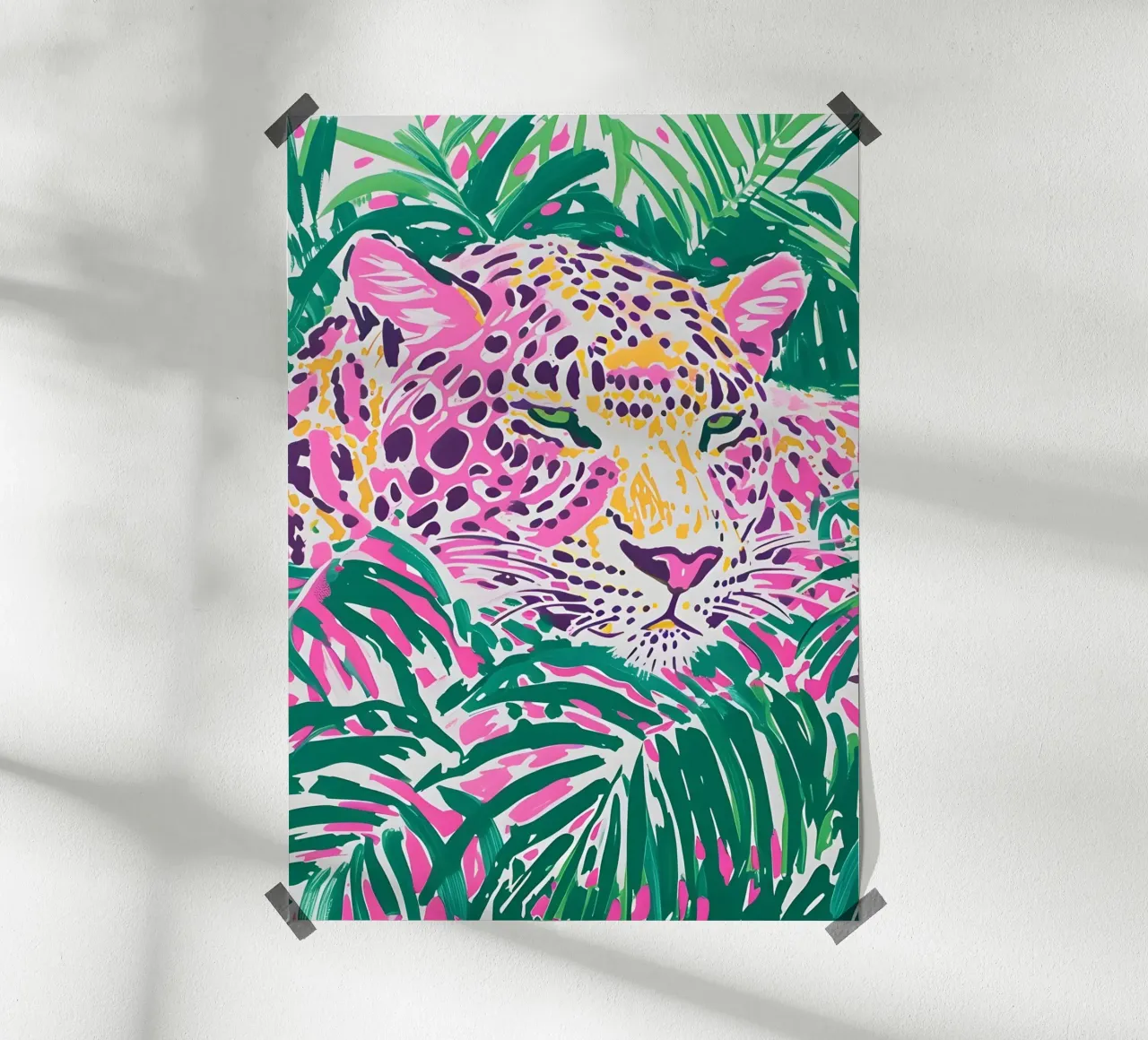Pop Art Leopard - Stampa giungla rosa e verde poster con telaio in legno da dawnthesea