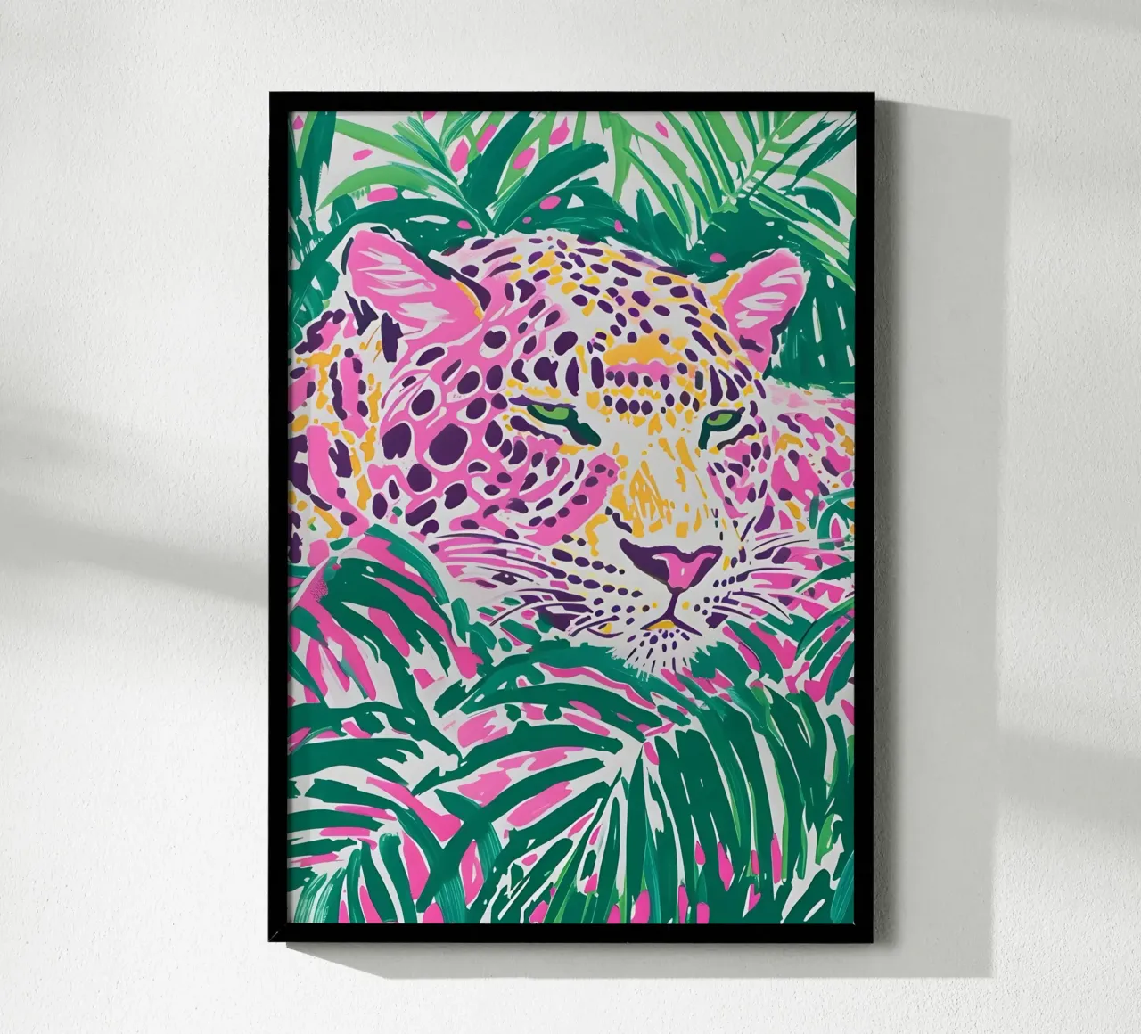 Pop Art Leopard - Stampa giungla rosa e verde poster con telaio in legno da dawnthesea