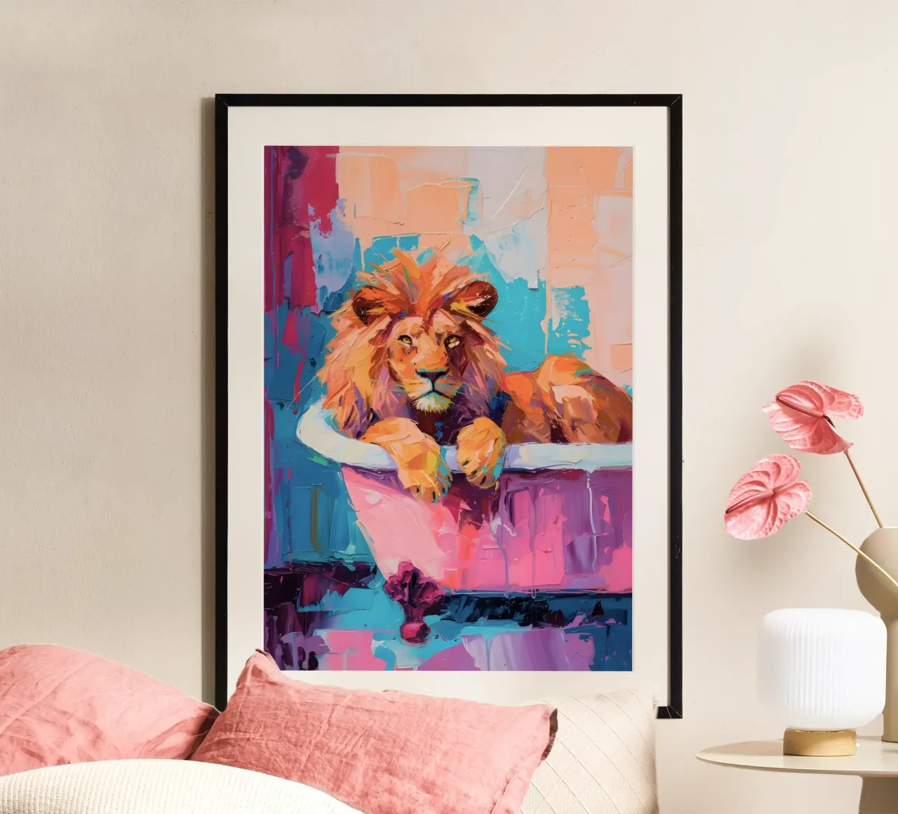 Leone nella vasca da bagno - Pittura Pop Art in grassetto poster con telaio in legno da dawnthesea