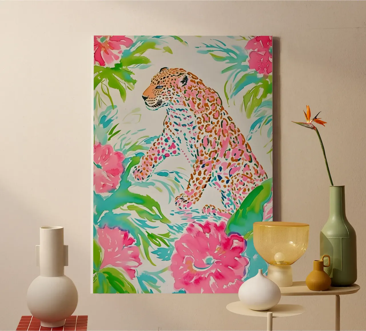 Watercolor Leopard - Pink & Teal Tropical Print tela con Cornice a cassetta da dawnthesea