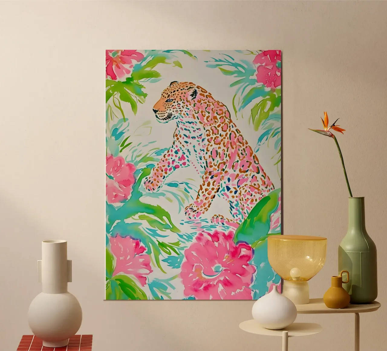 Watercolor Leopard - Pink & Teal Tropical Print poster con telaio in legno da dawnthesea