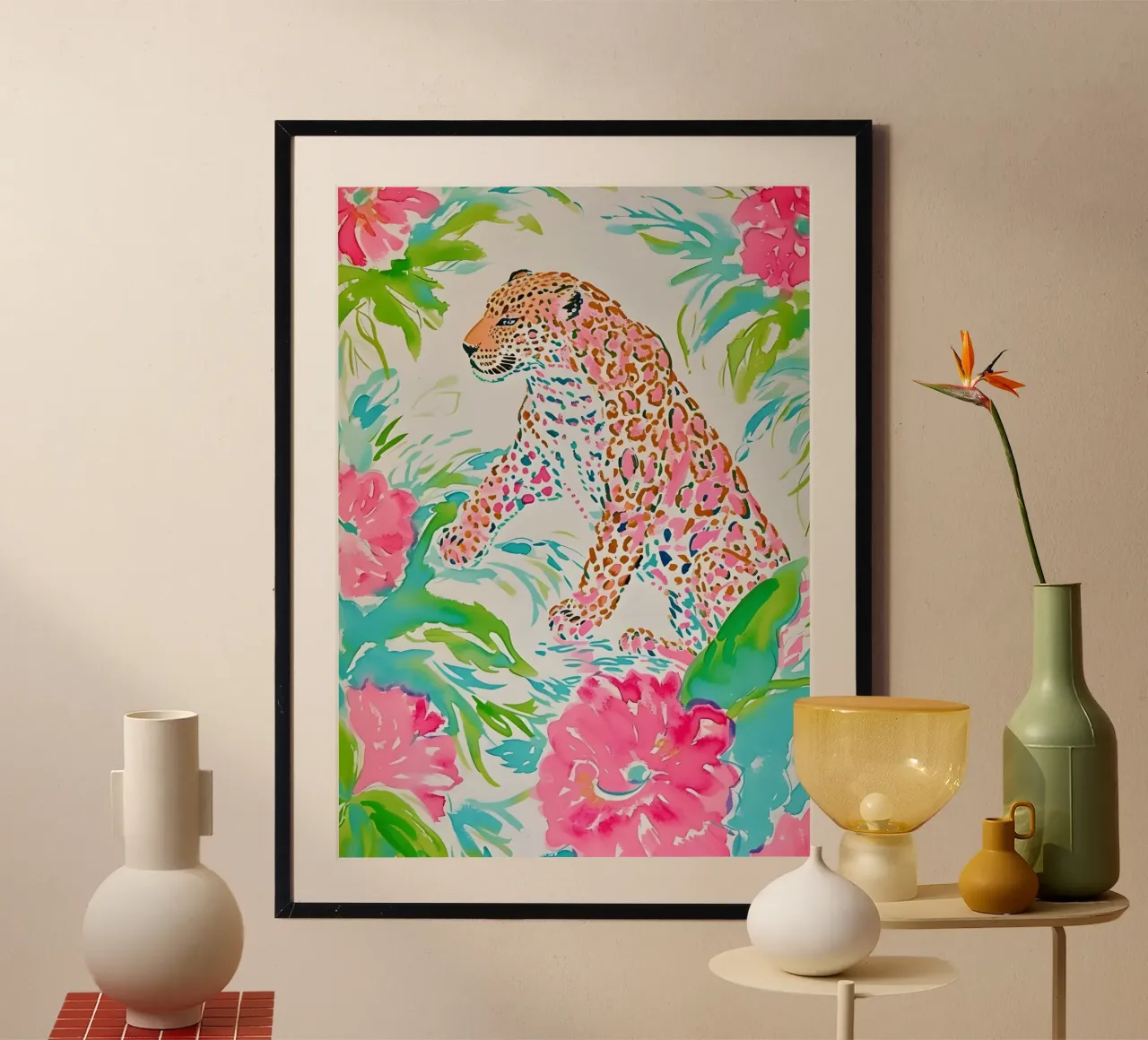 Watercolor Leopard - Pink & Teal Tropical Print poster con telaio in legno da dawnthesea
