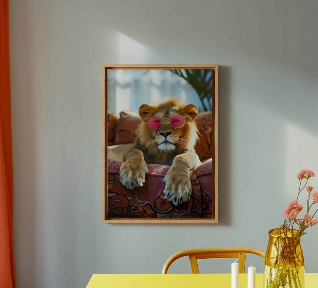 Lion with Pink Sunglasses - Pop Art Animal Print canvas with Floater frame by dawnthesea