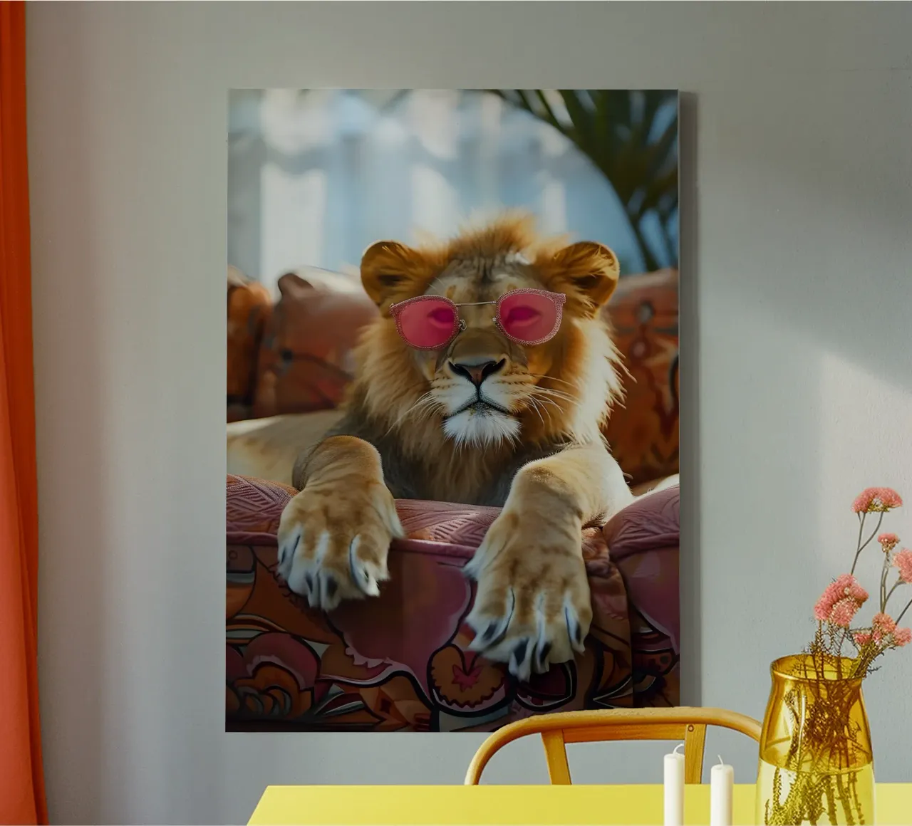 Lion with Pink Sunglasses - Pop Art Animal Print canvas with Floater frame by dawnthesea