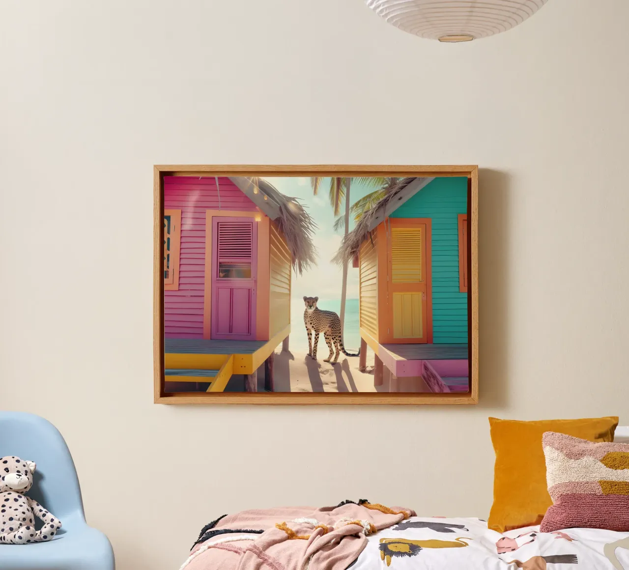 Ghepardo alle capanne sulla spiaggia - Stampa pop art a pastello tela con Cornice a cassetta da dawnthesea