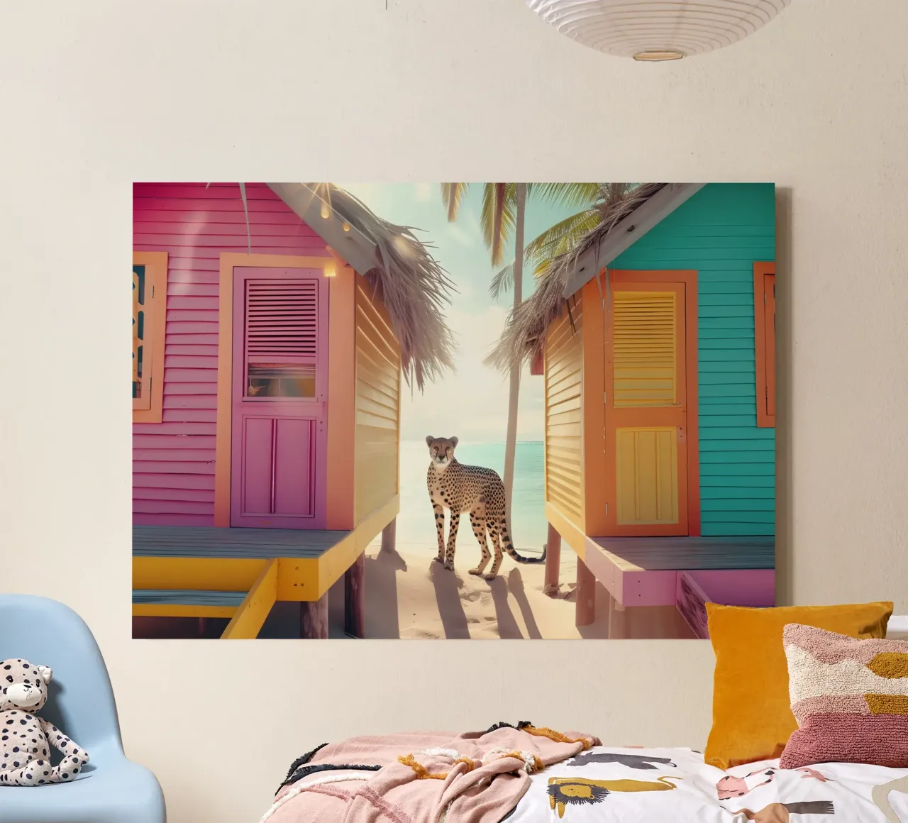 Ghepardo alle capanne sulla spiaggia - Stampa pop art a pastello tela con Cornice a cassetta da dawnthesea