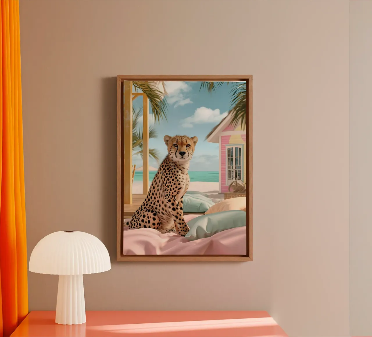 Gepard auf Strandbett - Pastell Pop Art Druck Leinwand mit Schattenfugenrahmen von dawnthesea