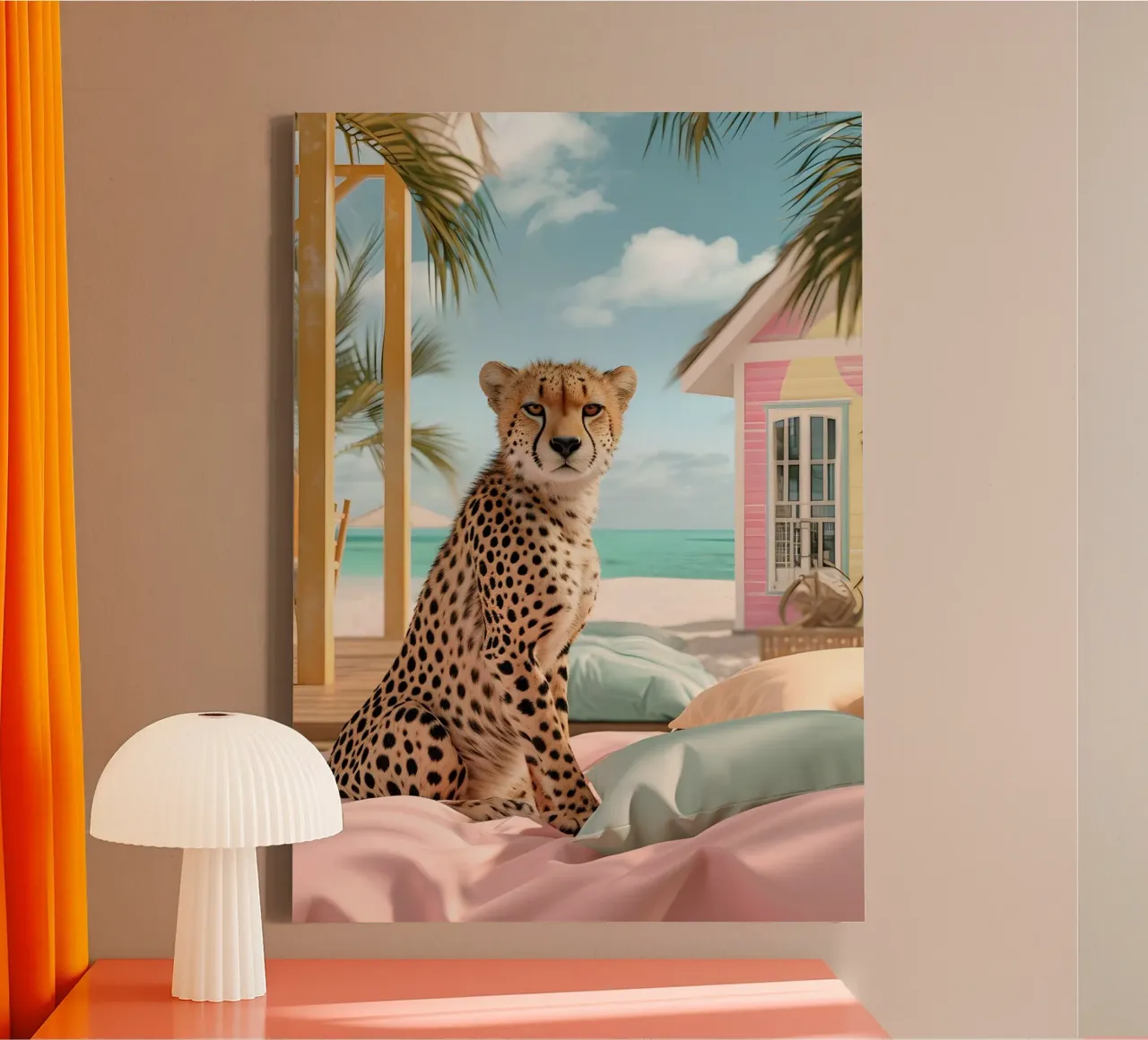 Gepard auf Strandbett - Pastell Pop Art Druck Leinwand mit Schattenfugenrahmen von dawnthesea