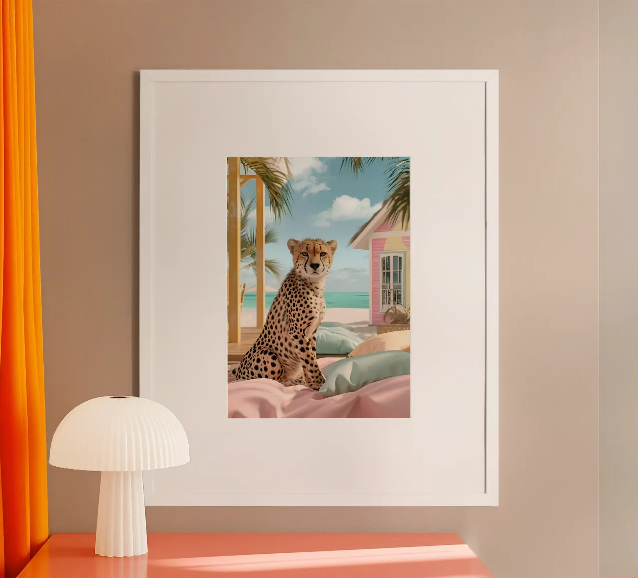 Ghepardo su lettino da spiaggia - Stampa pop art pastello poster con telaio in plastica da dawnthesea