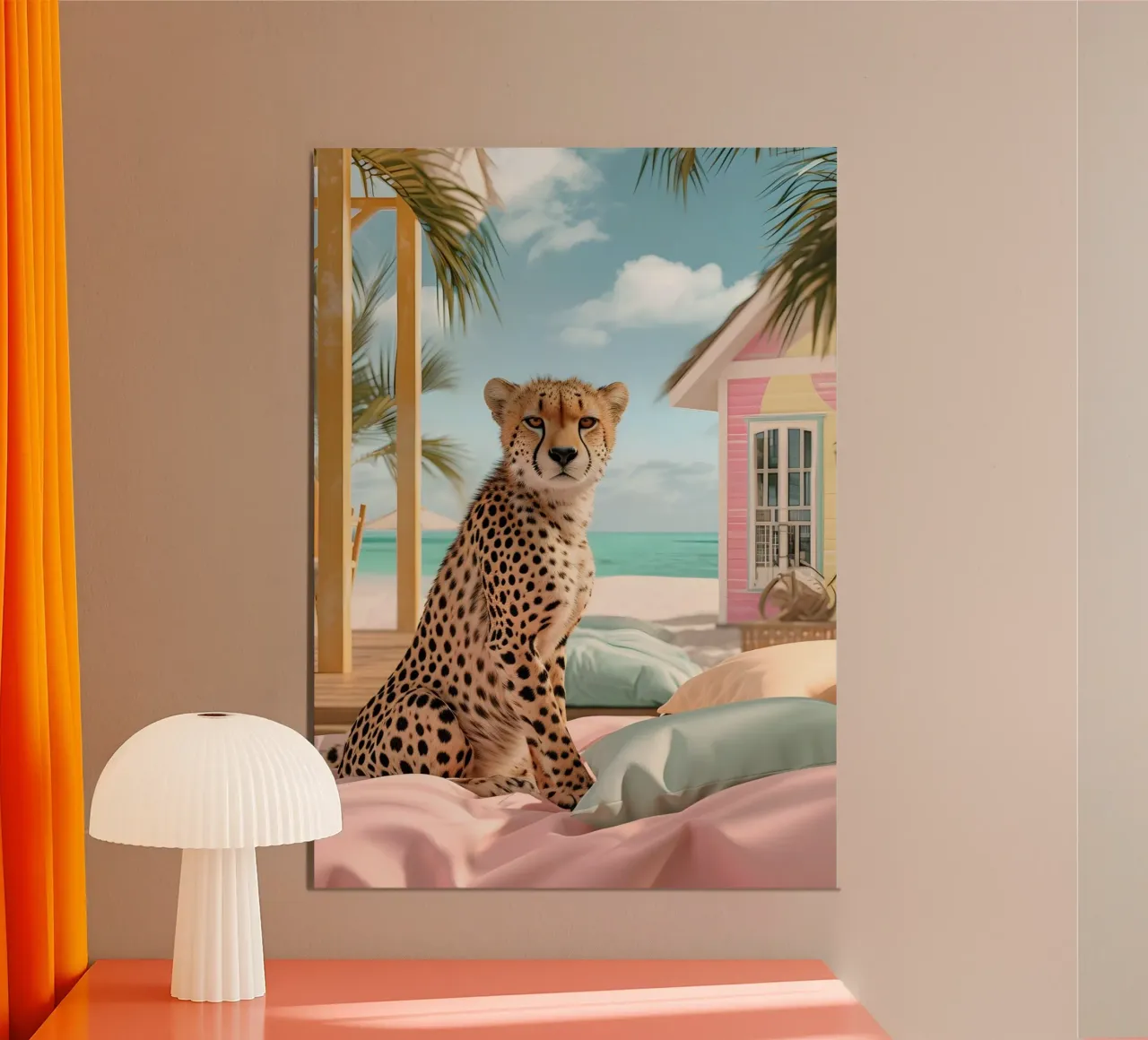 Ghepardo su lettino da spiaggia - Stampa pop art pastello poster con telaio in plastica da dawnthesea