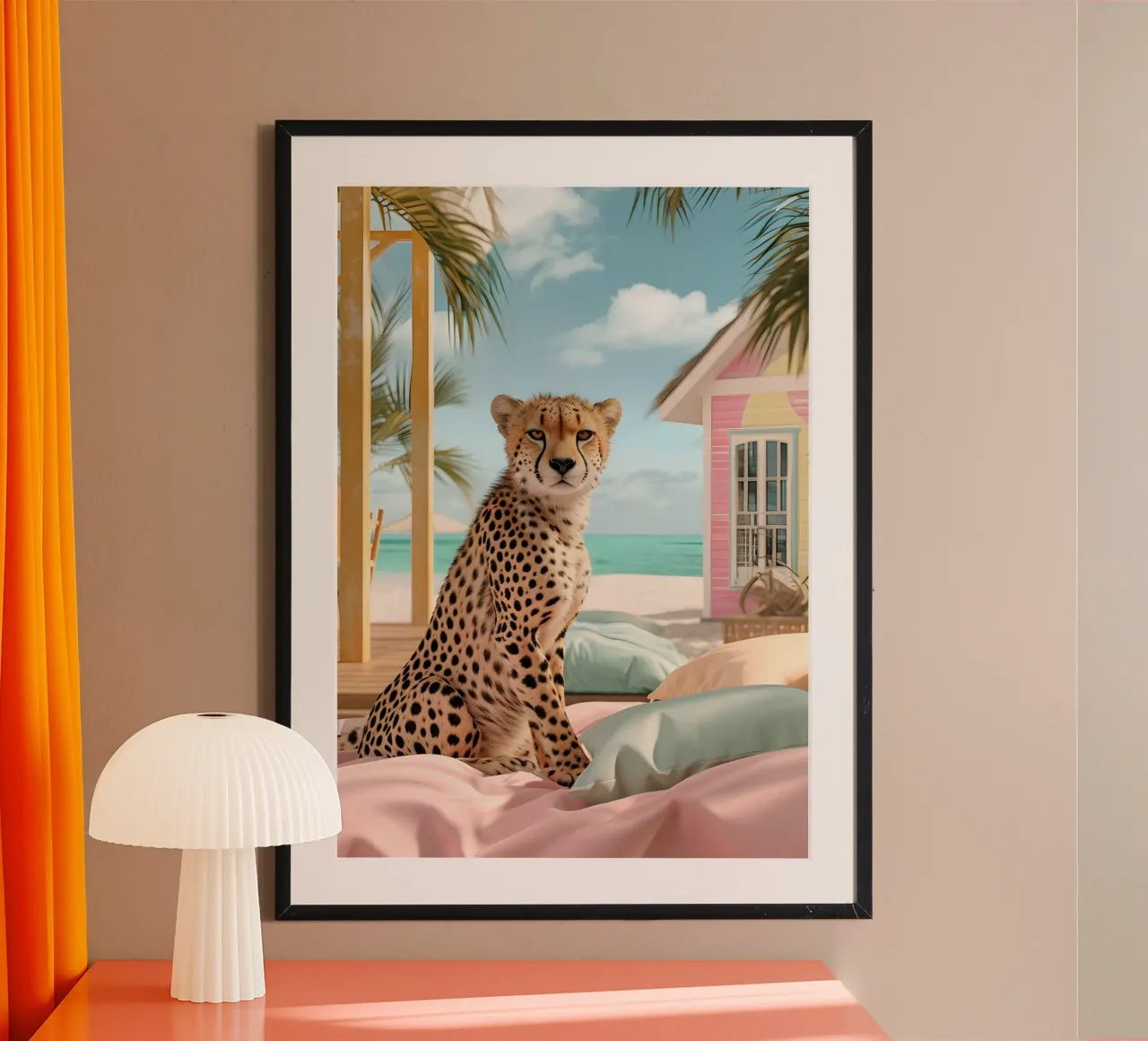 Ghepardo su lettino da spiaggia - Stampa pop art pastello poster con telaio in plastica da dawnthesea