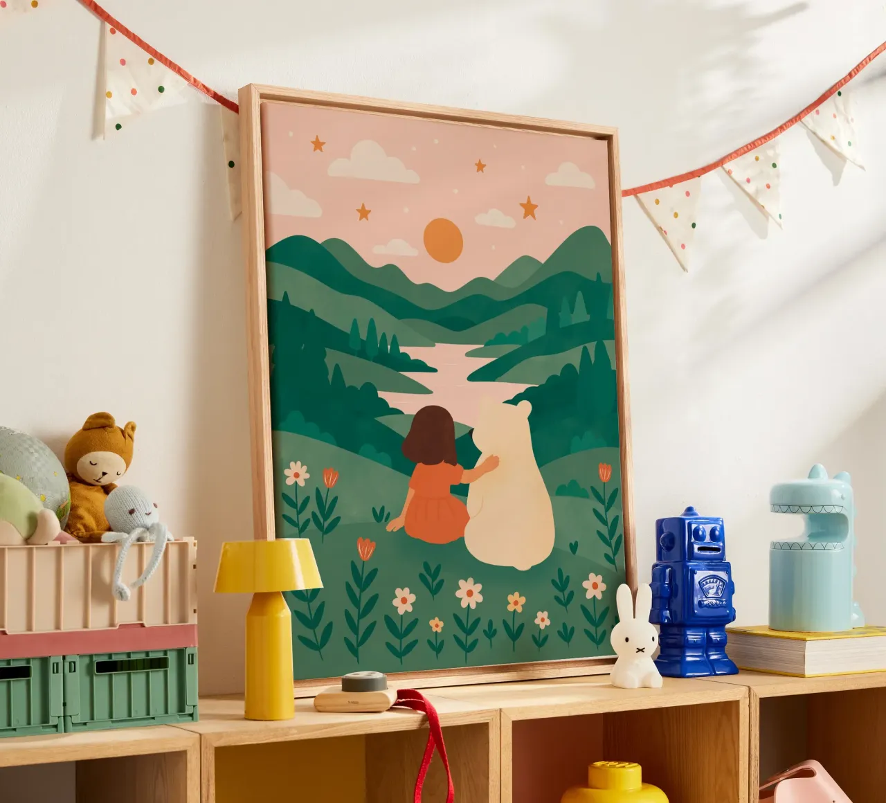 Het kleine meisje en de beer canvas met Baklijst van kokoprint