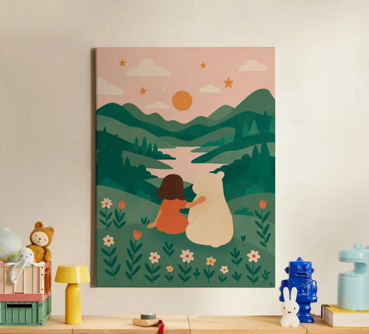 Het kleine meisje en de beer canvas met Baklijst van kokoprint