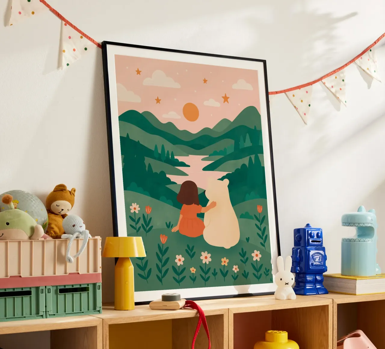 La bambina e l'orso poster con telaio in alluminio da kokoprint
