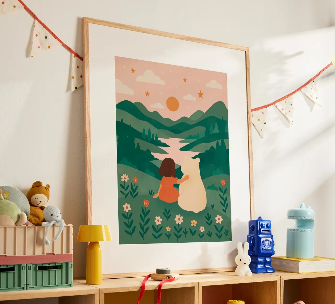 La bambina e l'orso poster con telaio in alluminio da kokoprint