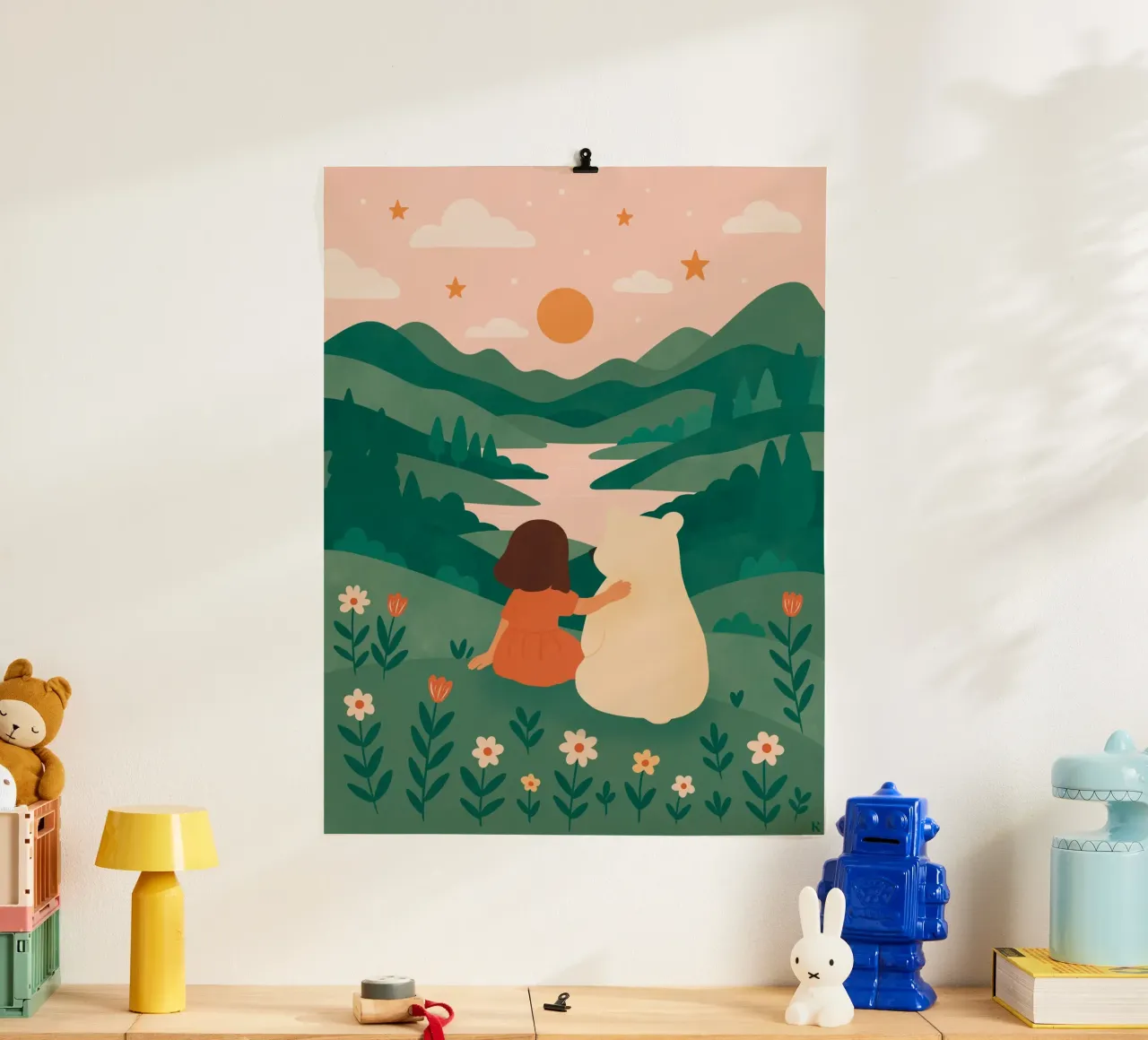 La bambina e l'orso poster con telaio in alluminio da kokoprint
