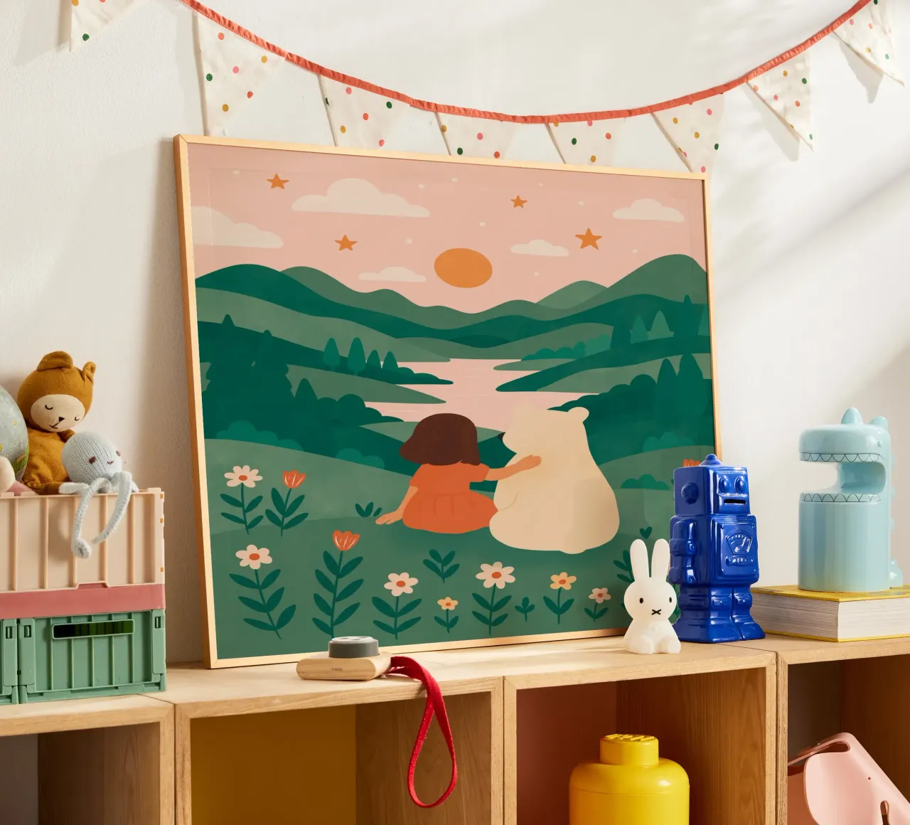 La bambina e l'orso poster con telaio in alluminio da kokoprint