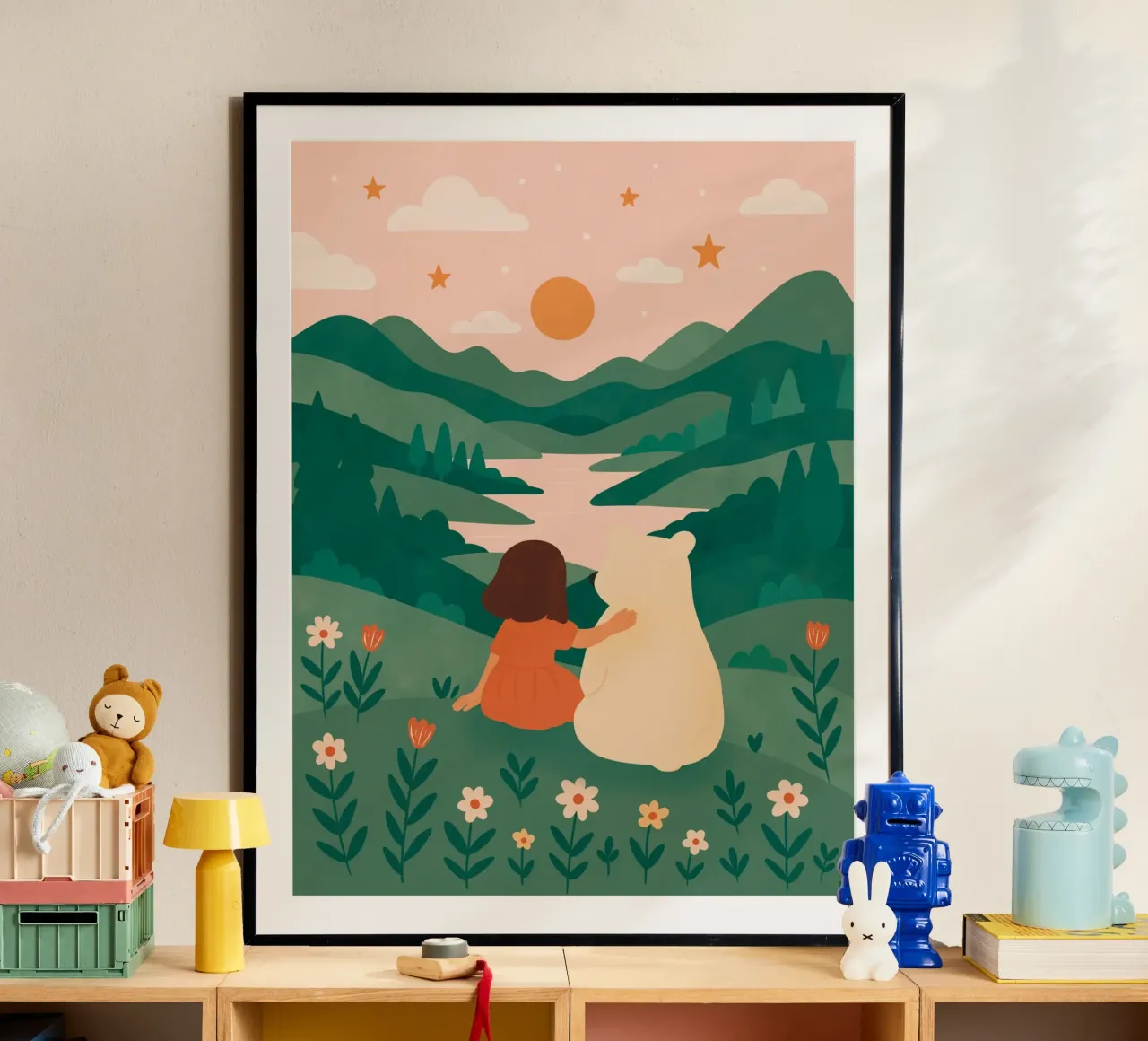 La bambina e l'orso poster con telaio in alluminio da kokoprint