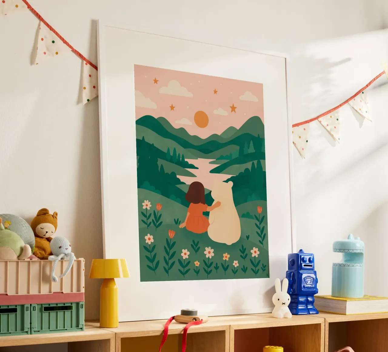 La bambina e l'orso poster con telaio in alluminio da kokoprint