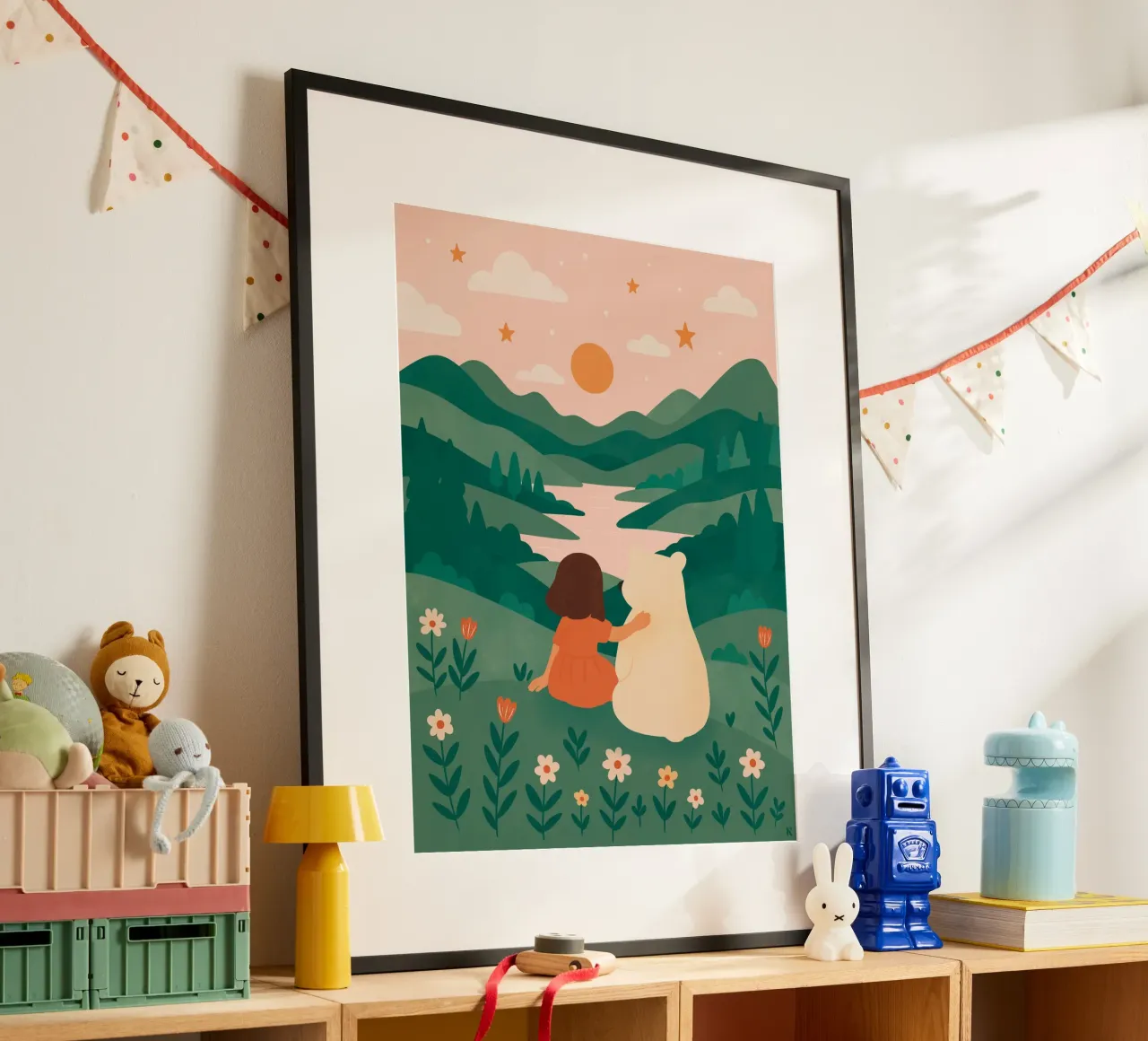 La bambina e l'orso poster con telaio in alluminio da kokoprint