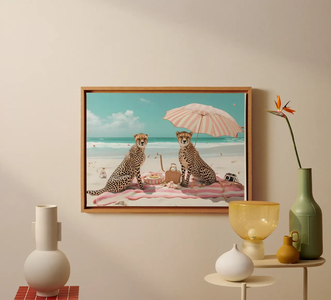 Schickes Cheetahs Strand-Picknick-Poster Leinwand mit Schattenfugenrahmen von dawnthesea