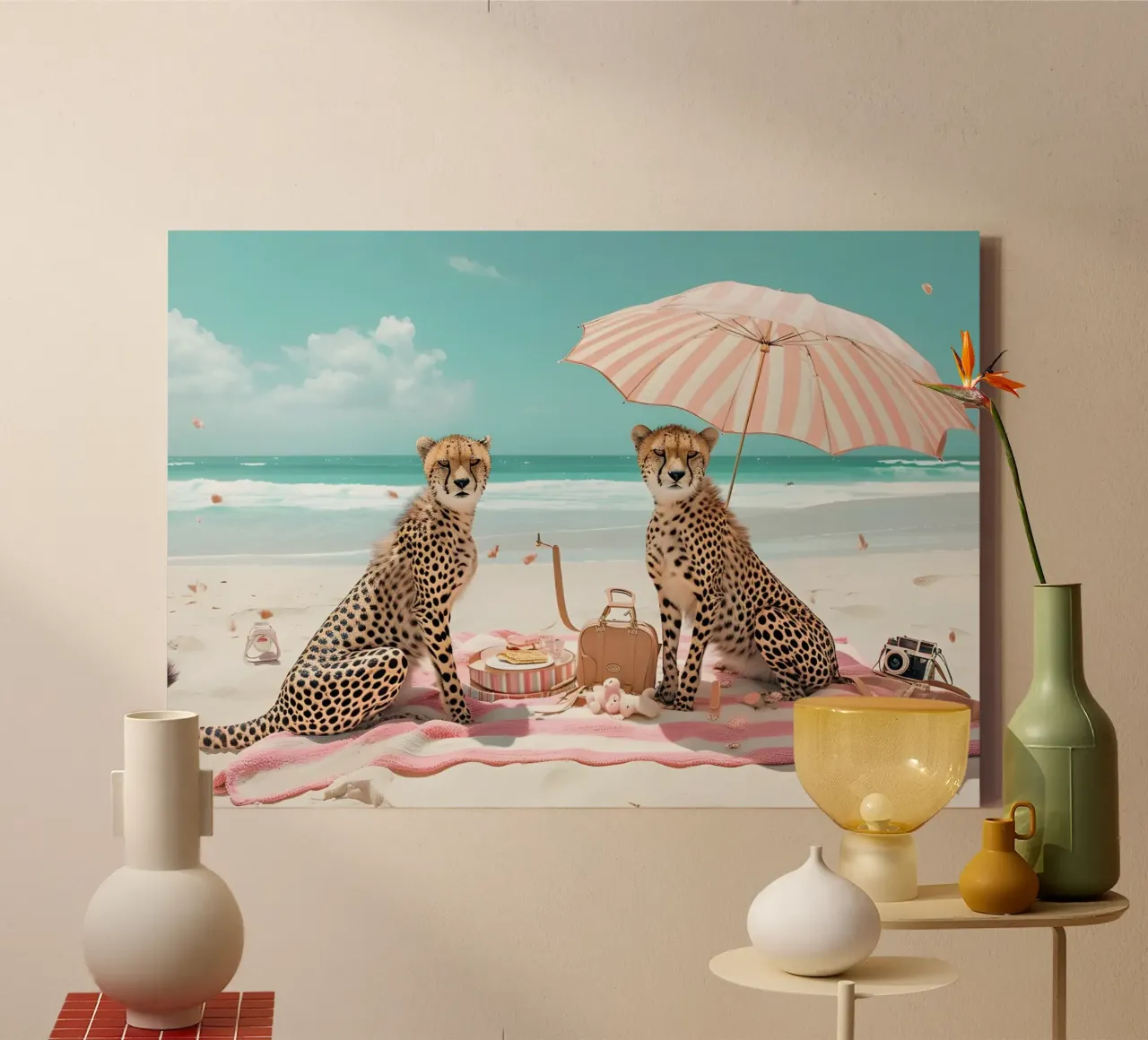 Schickes Cheetahs Strand-Picknick-Poster Leinwand mit Schattenfugenrahmen von dawnthesea