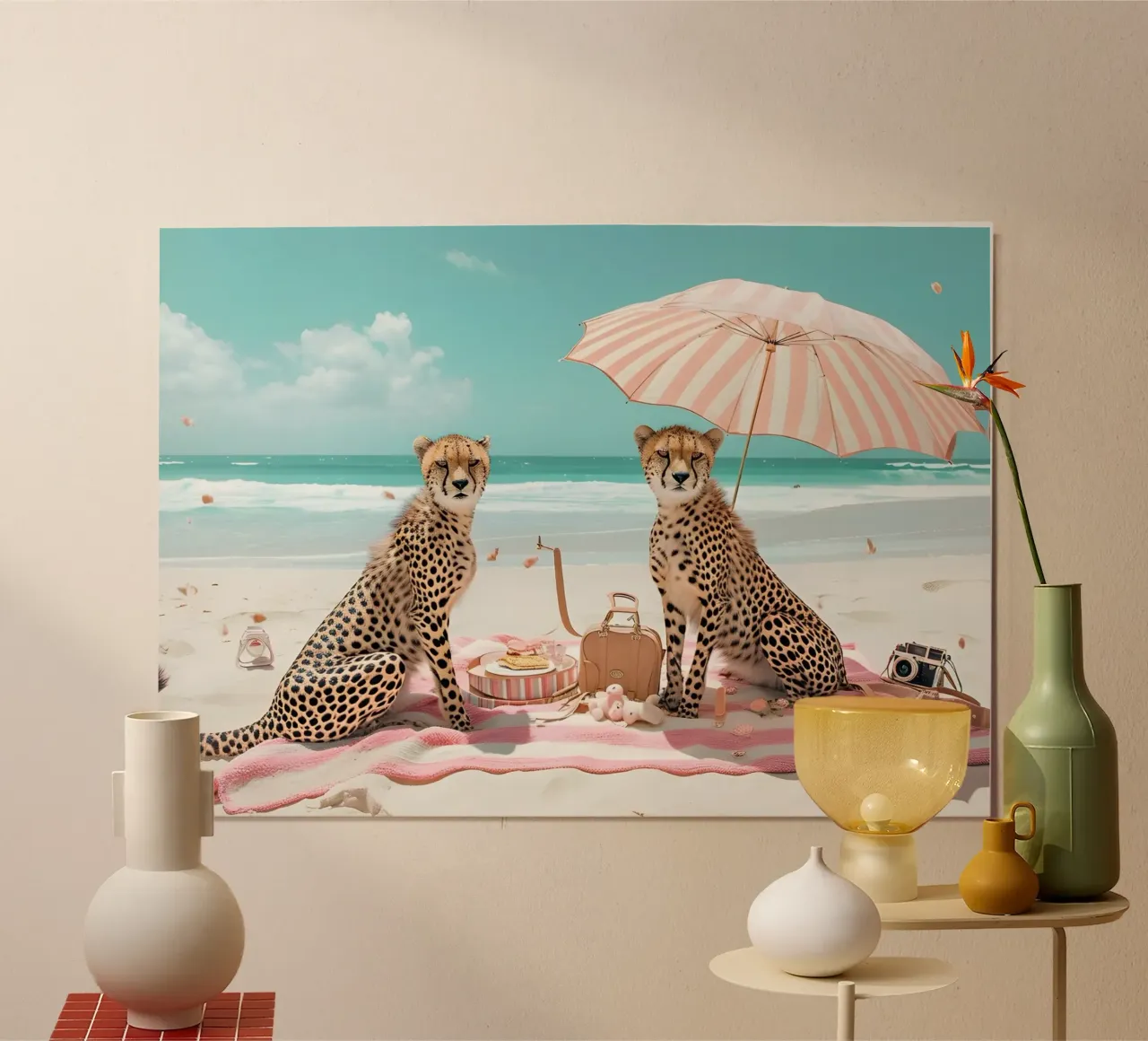 Poster per picnic in spiaggia Chic Cheetahs poster con telaio in legno da dawnthesea